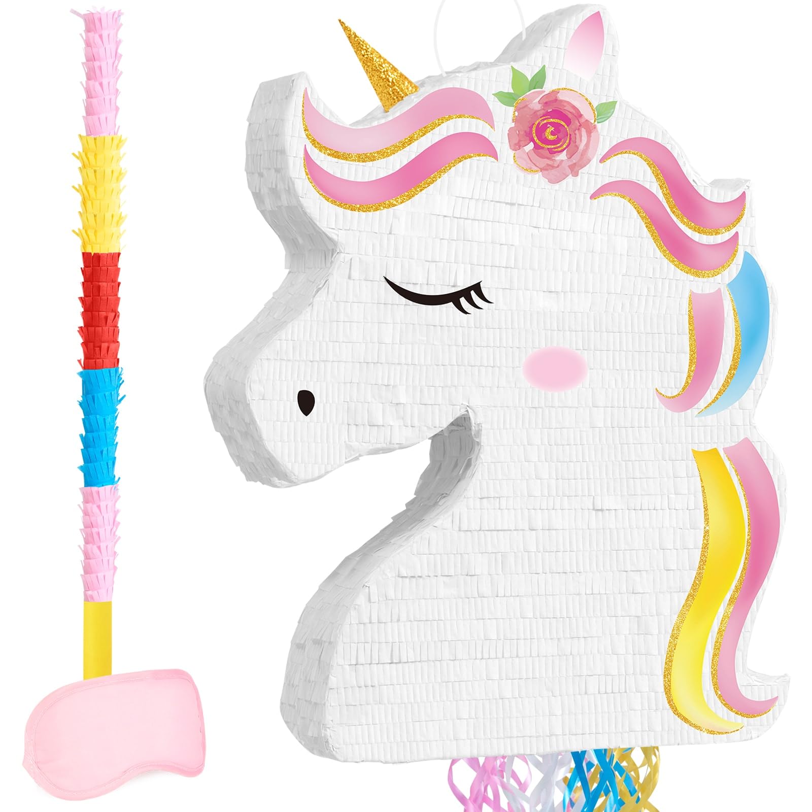 WERNNSAI Unicorn Piñata - Unicorn Party Supplies Piñata Bundle with Blindfold and Bat for Girls Kids Rainbow Unicorn Theme Birthday Party Game Decorations (15.6" x 20.4" x 2.9")