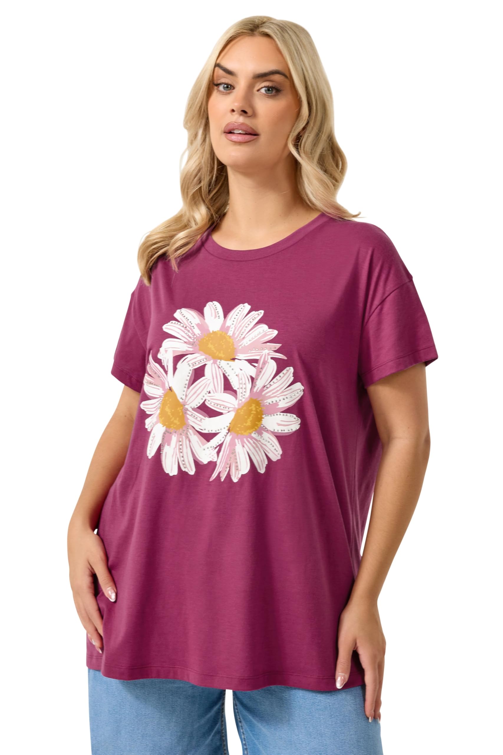 Yours Women's Pink Curve Studded Daisy T-Shirt - Plus Size Curve