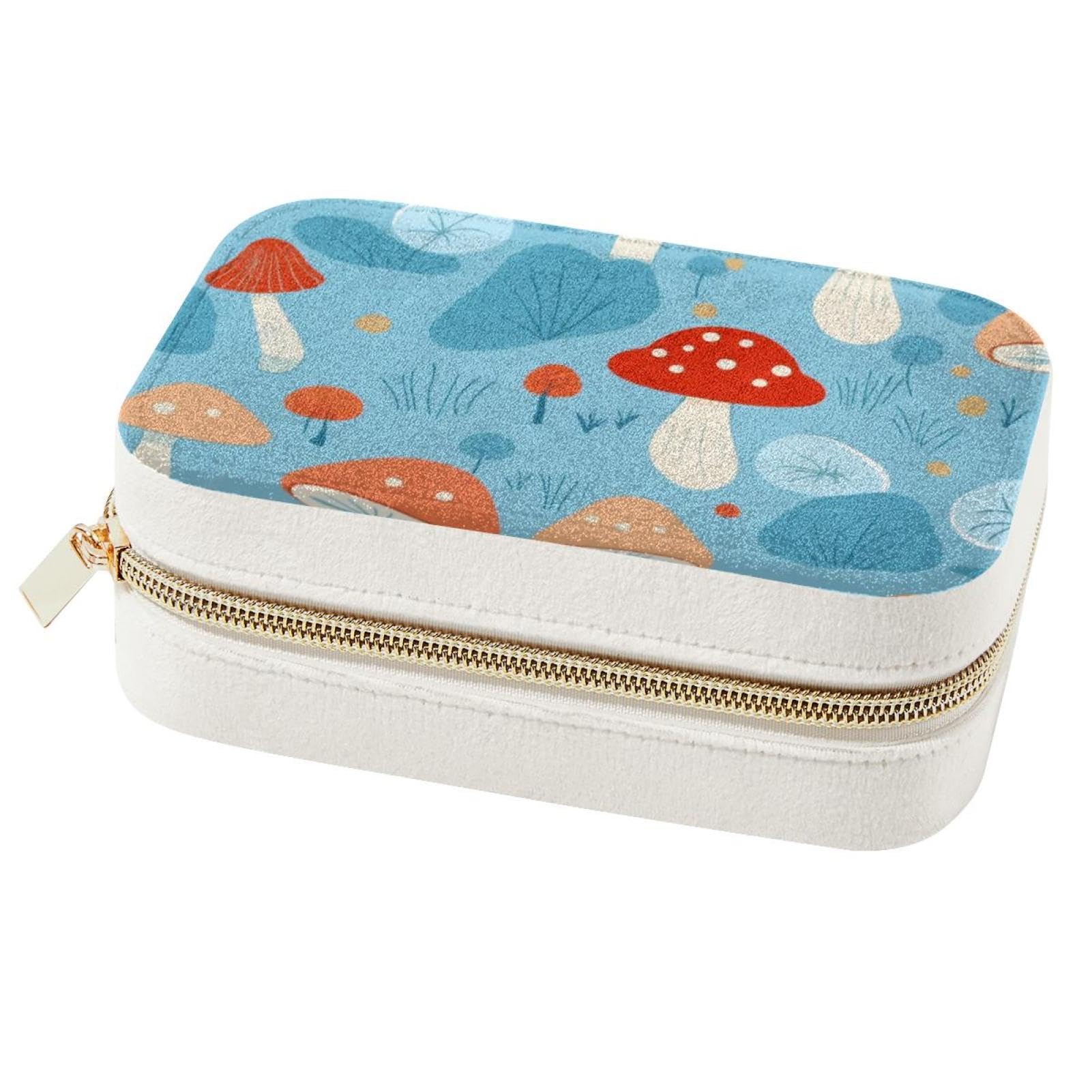 Boîte à bijoux double couche motif champignon bleu pour bagues et colliers