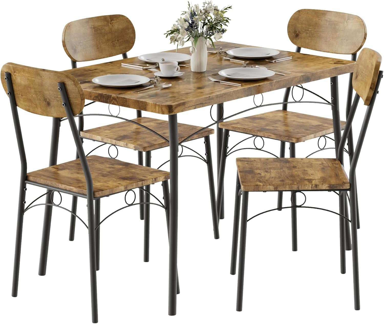 Product image of VECELO Dining Table Set for 4, 5-Piece Kitchen Table with 4 Chairs, MDF Board Tabletop with Metal Frame for Small Space, Compact Dinette, Breakfast Nook, Rustic Brown