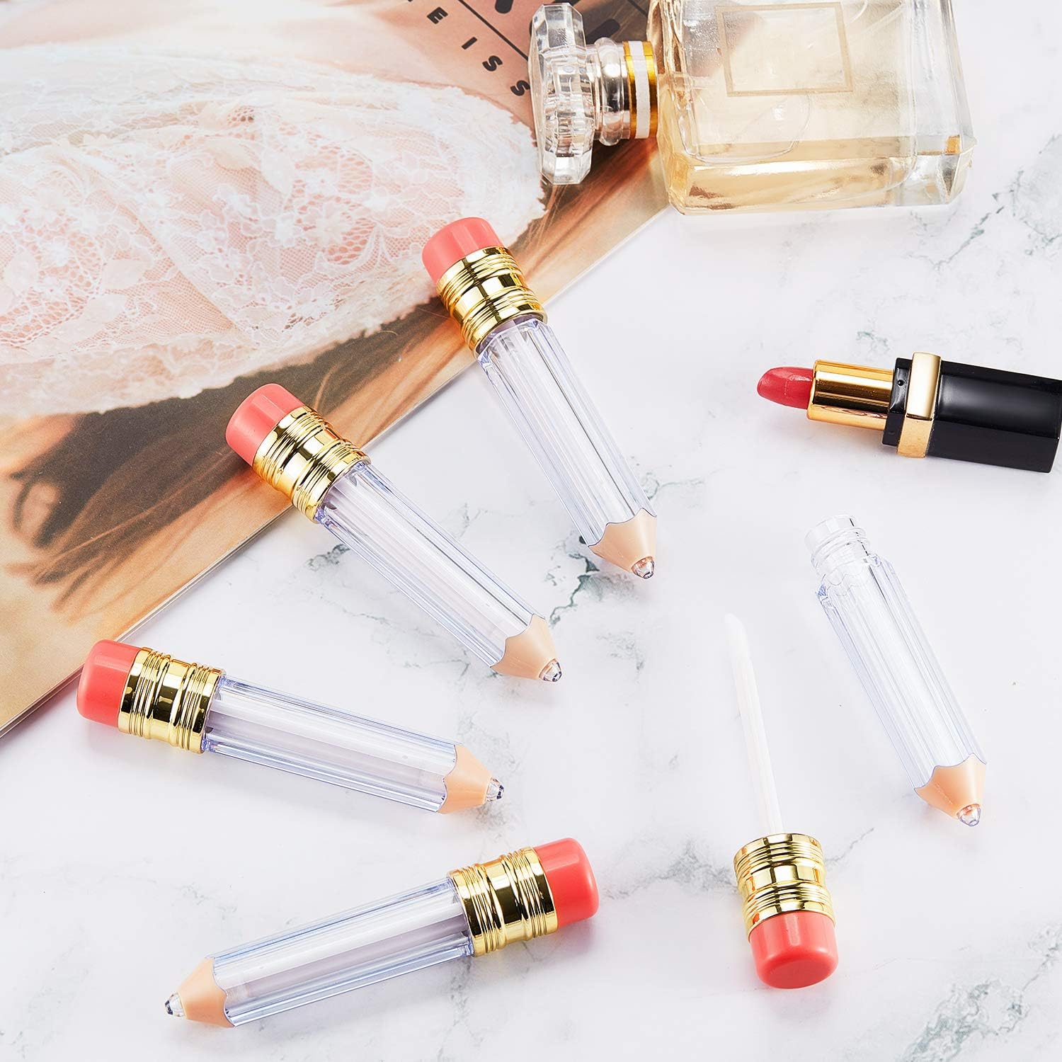 Blulu 20 Pieces Pencil Empty Lip Gloss Tubes Containers Clear Mini Refillable Lip Balm Tubes Cute Pencil Shaped Oil Bottles for Graduation Gifts Women Girls DIY Keychain, 5 ml (Pack of 2)