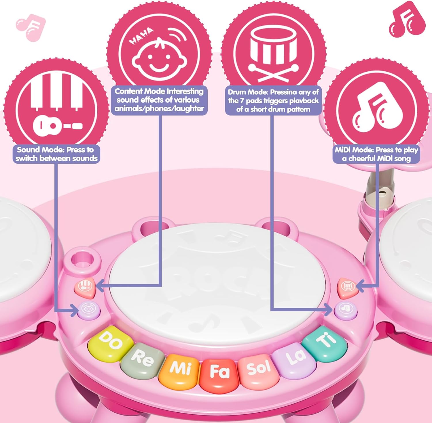 Toddler Drum Set for Kids 1-3, Baby Drum Set 1 Year Old with Light-Up Microphone, Musical Instruments Montessori Learning Toys for 6 9 12 18 Months, Birthday Gift for Boys Girls（Pink）