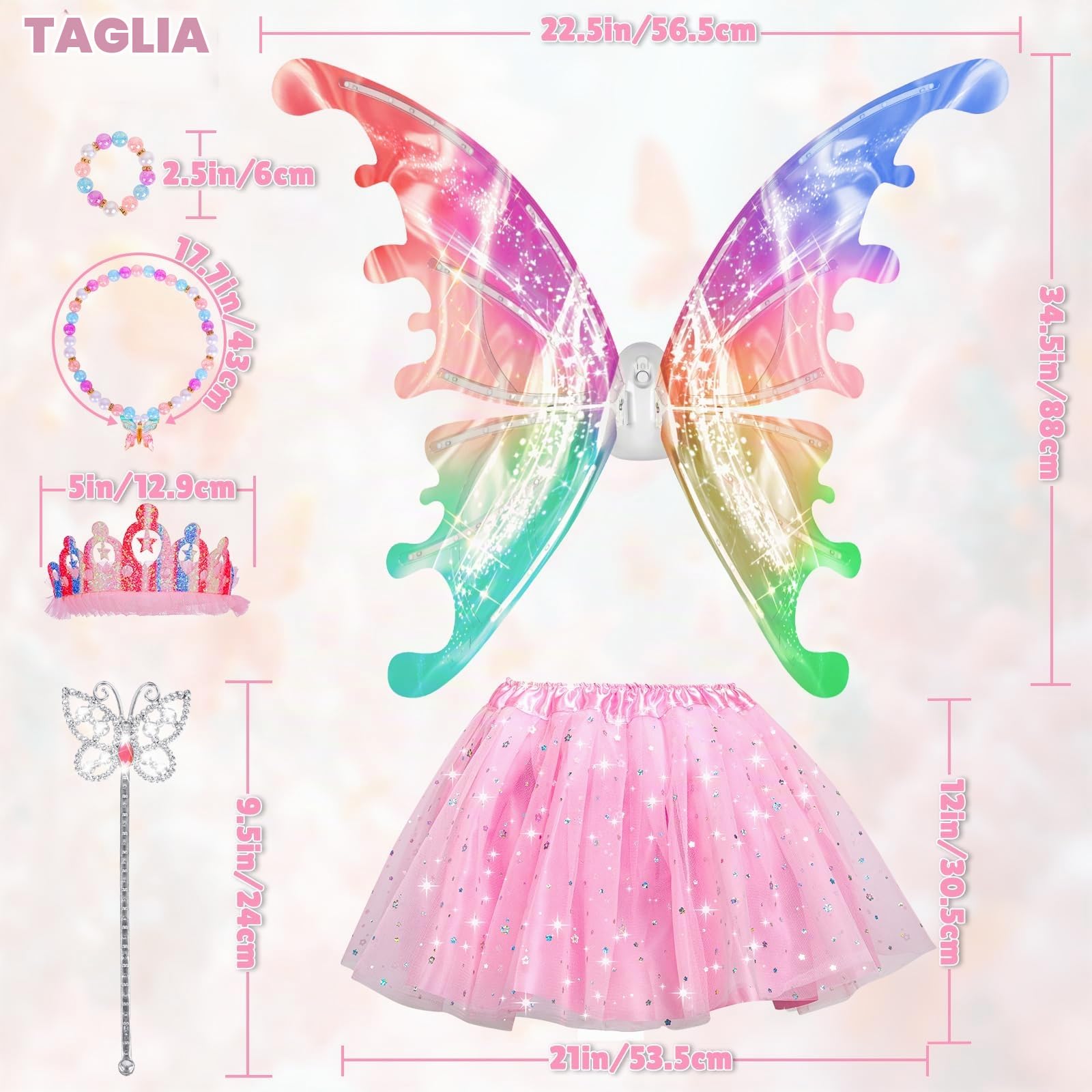 Costume da principessa con ali di fata elettrica per ragazze,ali di farfalla in movimento con luci LED&musica, costume da principessa con corona/bacchetta/braccialetti e collane/giocattolo per bambini