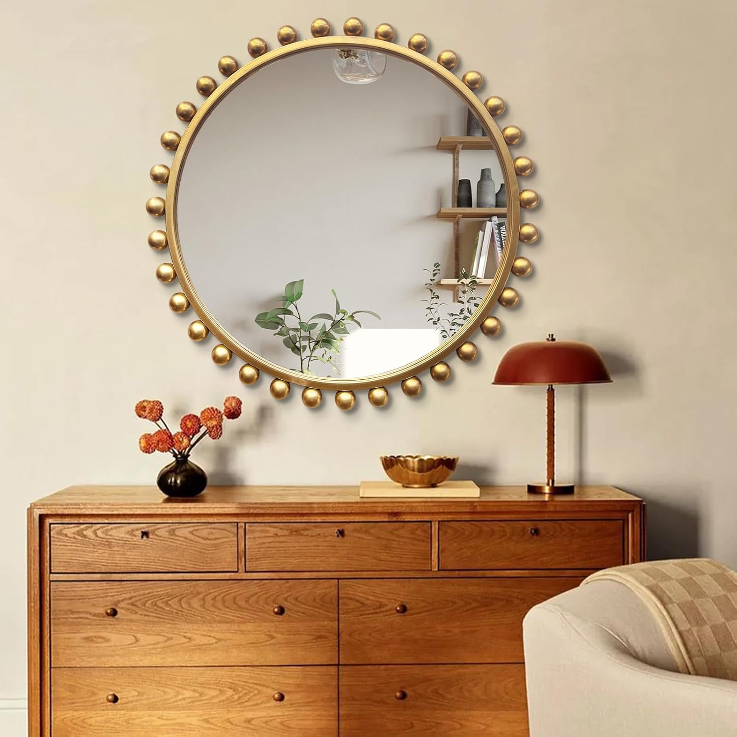 30 inch Gold Round Mirror, Antique Decorative Wall Mirror with Ornate Beaded Frame, Large Circle Vanity Mirror for Bathroom, Living Room, Bedroom, and Entryway