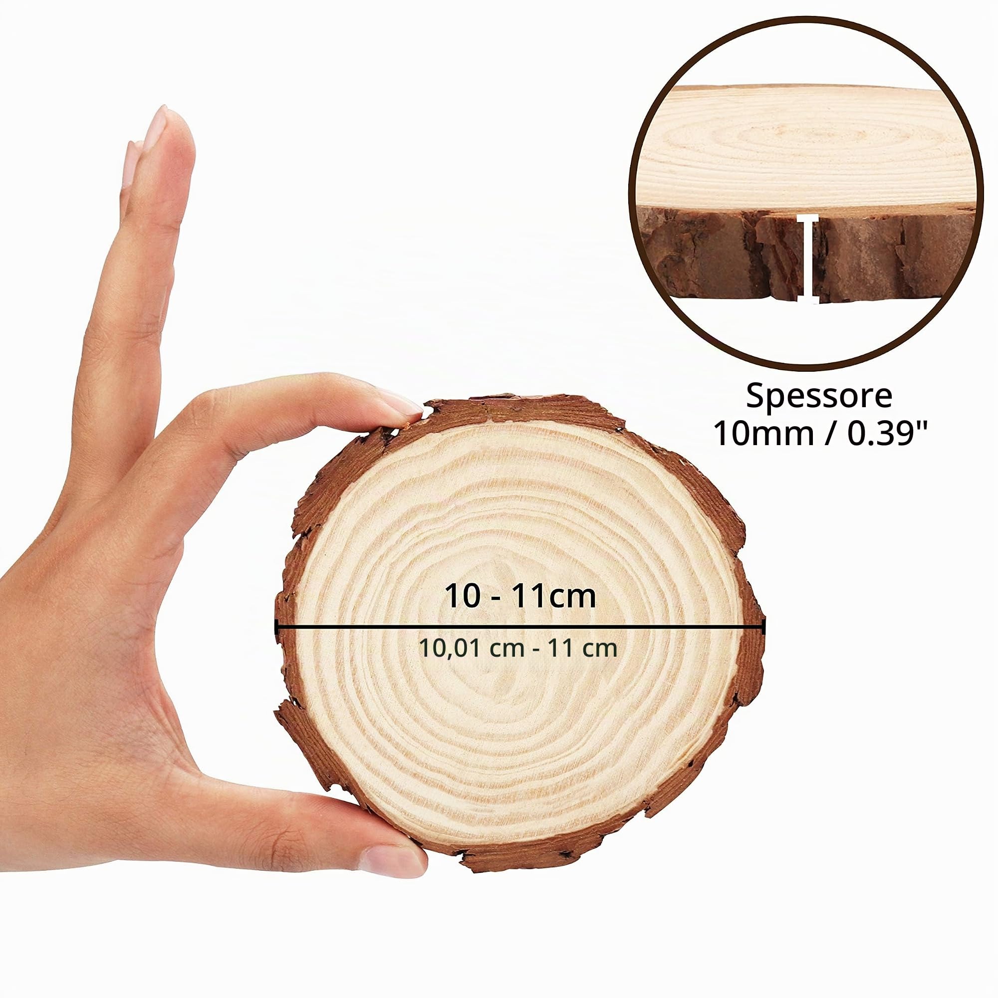 Kurtzy Dischi di legno grezzo naturale (20 pezzi) - Fetta di legno diametro 10-11 cm spessore 10 mm, tondo in legno non finito rustico con corteccia per il tempo libero creativo, decorazione, Natale e