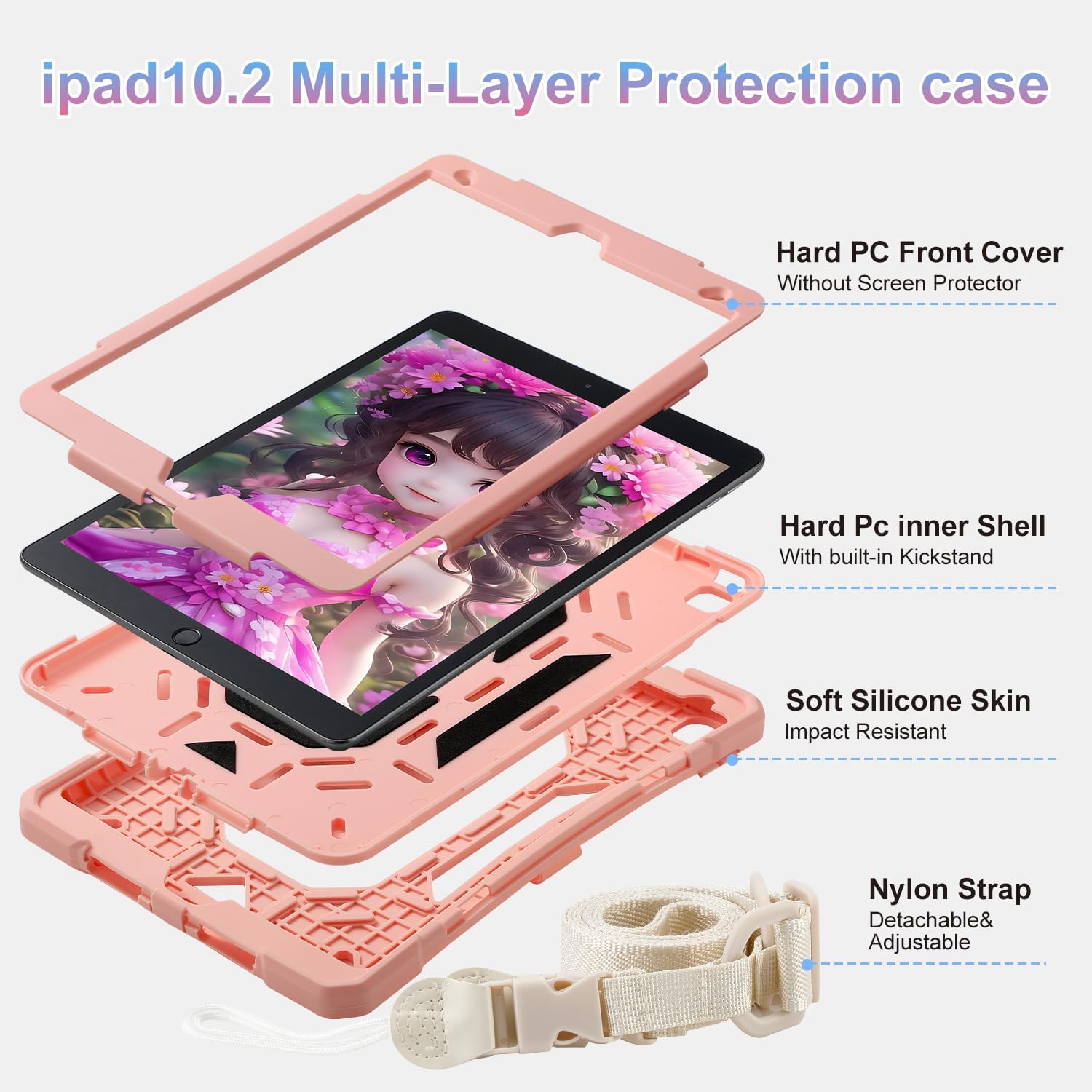 for iPad 9th/ 8th/ 7th Generation Case (iPad 10.2 inch Shockproof Case) with 360 Rotating Grip Magic Stand, Pencil Holder/Keychain/Carrying Shoulder Strap for iPad 10.2 inch