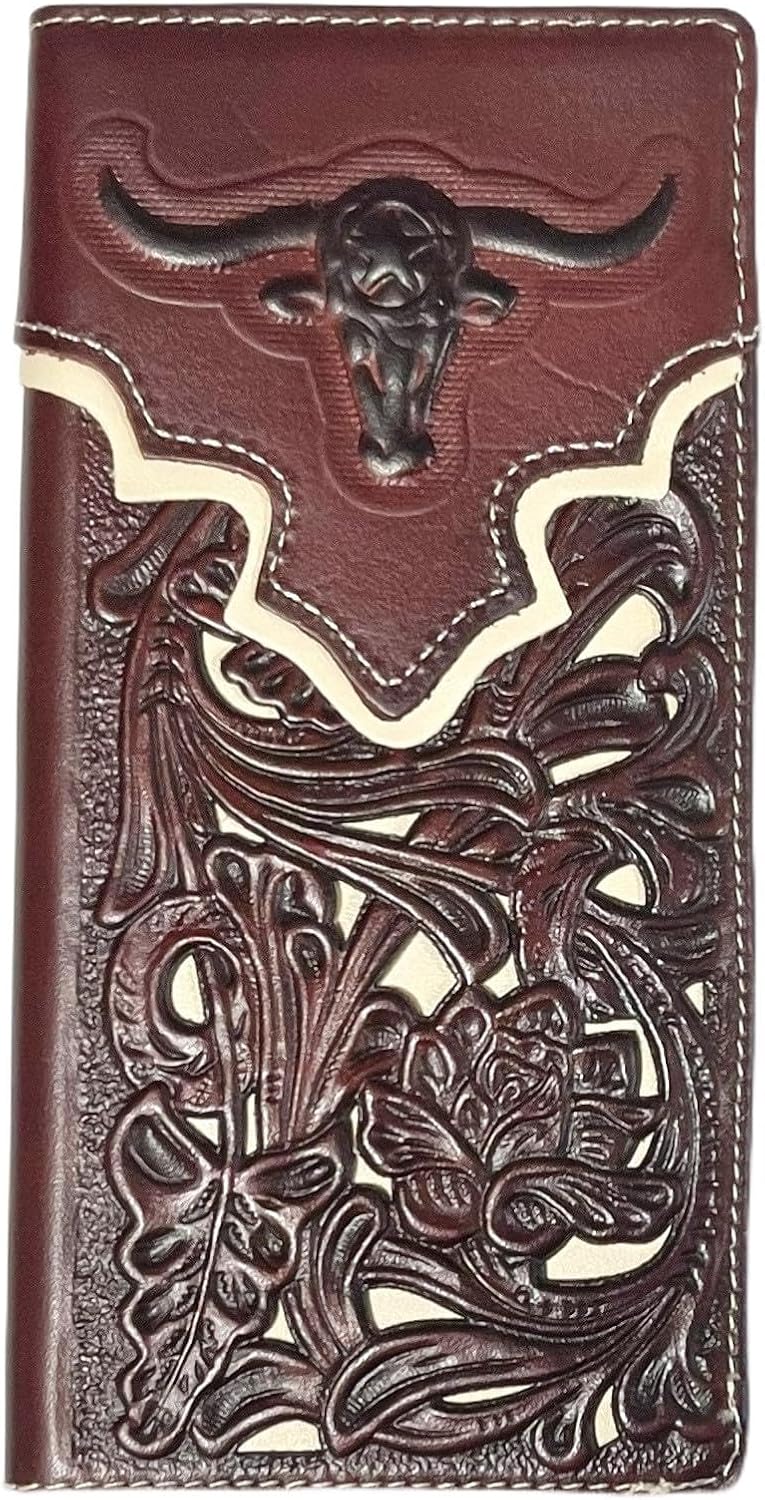 Texas West Western Men's Laser Cut Genuine Leather Longhorn Long Bifold Wallet (Coffee/Coffee)