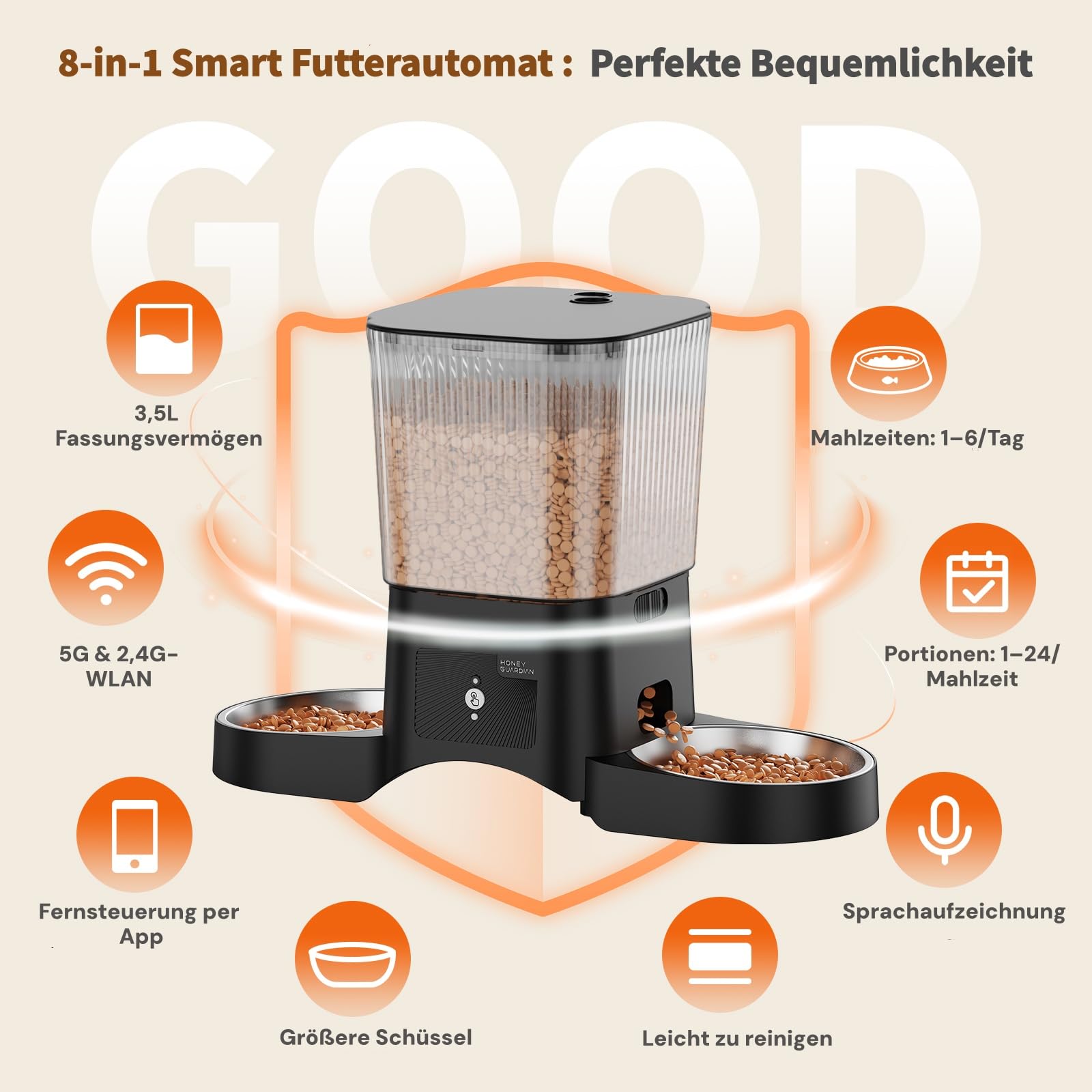 HONEYGUARDIAN Futterautomat Katze 2 Näpfe, 5G/2.4G WiFi Intelligenter Automatischer Futterspender für Katzen & Hunde, APP-Steuerung, 4 Anti-Rutsch-Füße, Stabilität, 1-6 Mahlzeiten/Tag (3.5L)