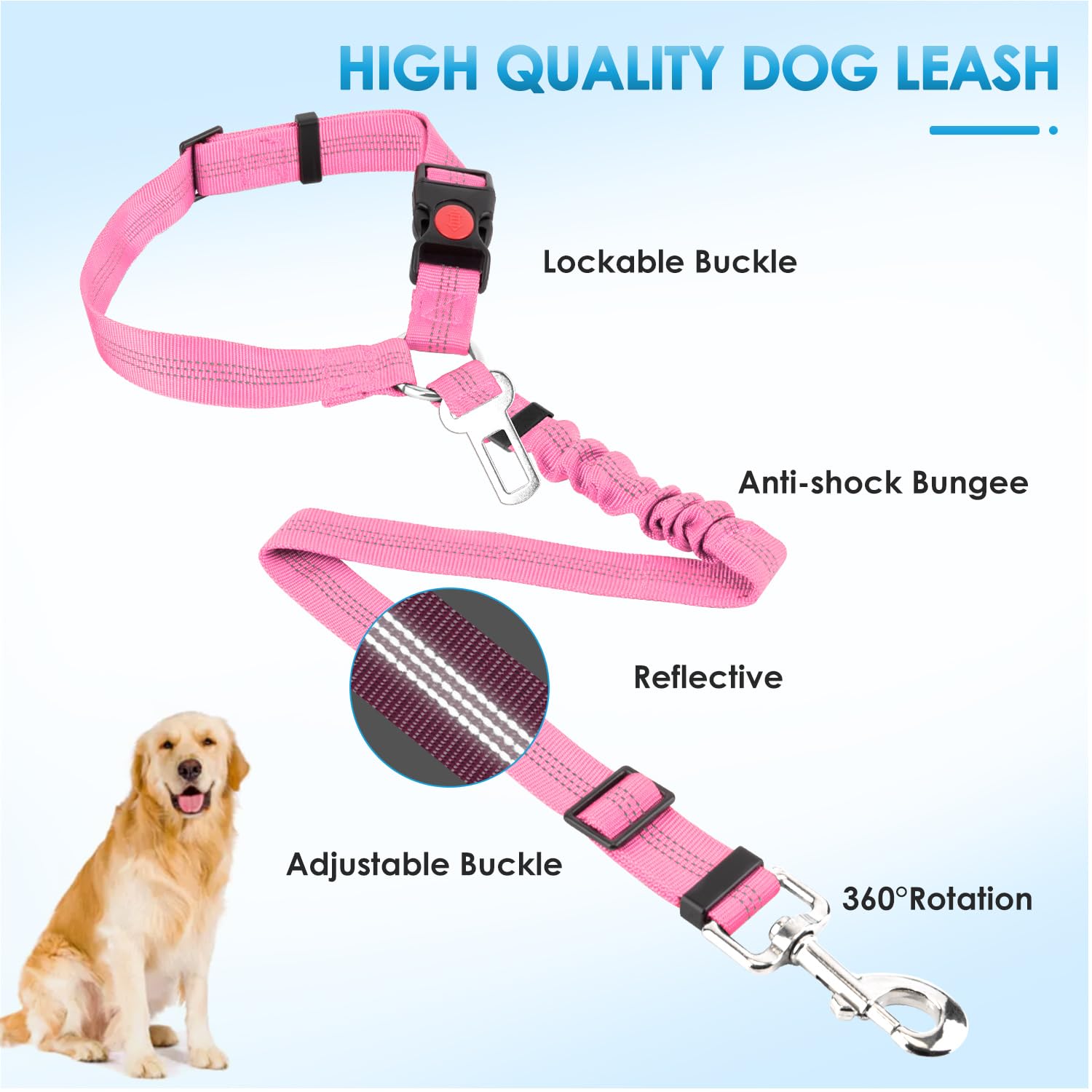 Lukovee Dog Seatbelt Leash for Cars, 2 Pack Pet Safety Seat Belt with Adjustable Buckle & Reflective Bungee, Connect Dog Harness in Vehicle Dogs Restraint Travel Daily Use (Pink) - image 5