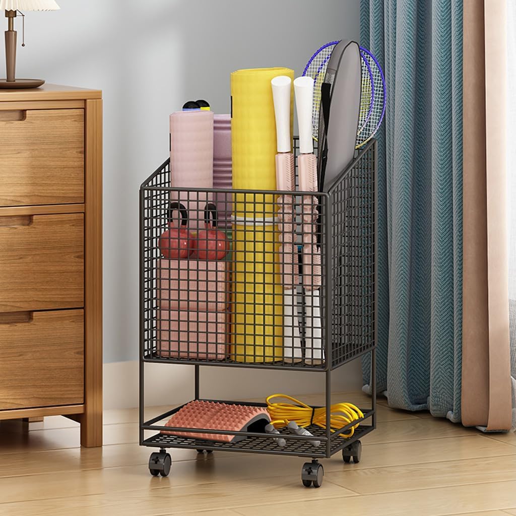 Eiwitany Wheeled Yoga Mat Storage Rack - Metal Gym Equipment Organizer, Foam Roller Holder, Fitness Display Shelf for Home Gym (Black)