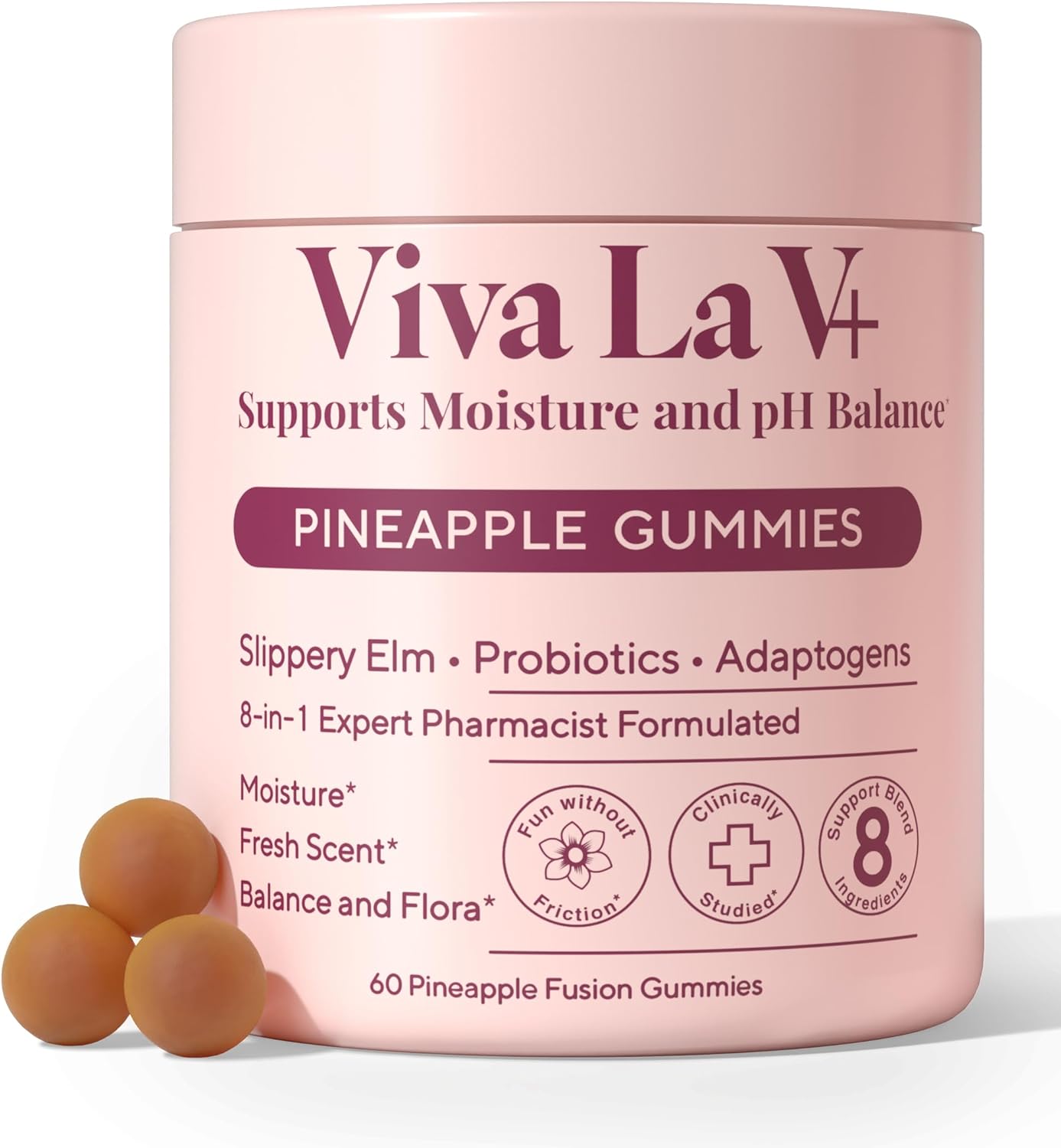 8-in-1 Slippery Elm Vaginal Probiotic Gummies for Women – Intimate Moisture, Balanced pH, Healthy Odor, Yeast Balance & Flora Support + Vitamin C – Tasty Pineapple (60 Count)