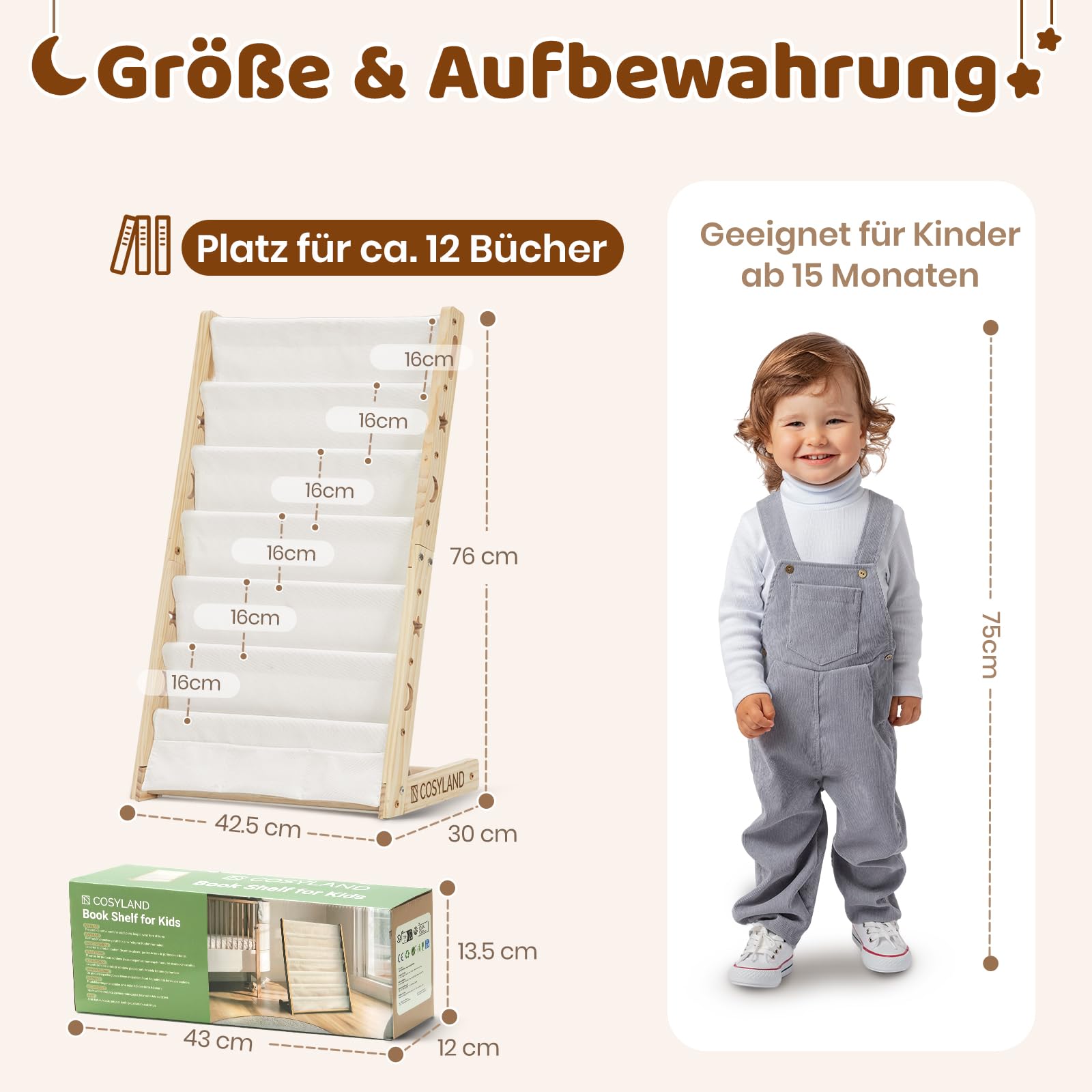 COSYLAND Kinderbücherregal Montessori – Bücherregal Kinder mit 6 Stofffächern, frontal offenes Bücher-Display aus Kiefernholz, Kinderregal für Kinderzimmer & Leseecke, Naturholz, 42 x 30 x 76 cm