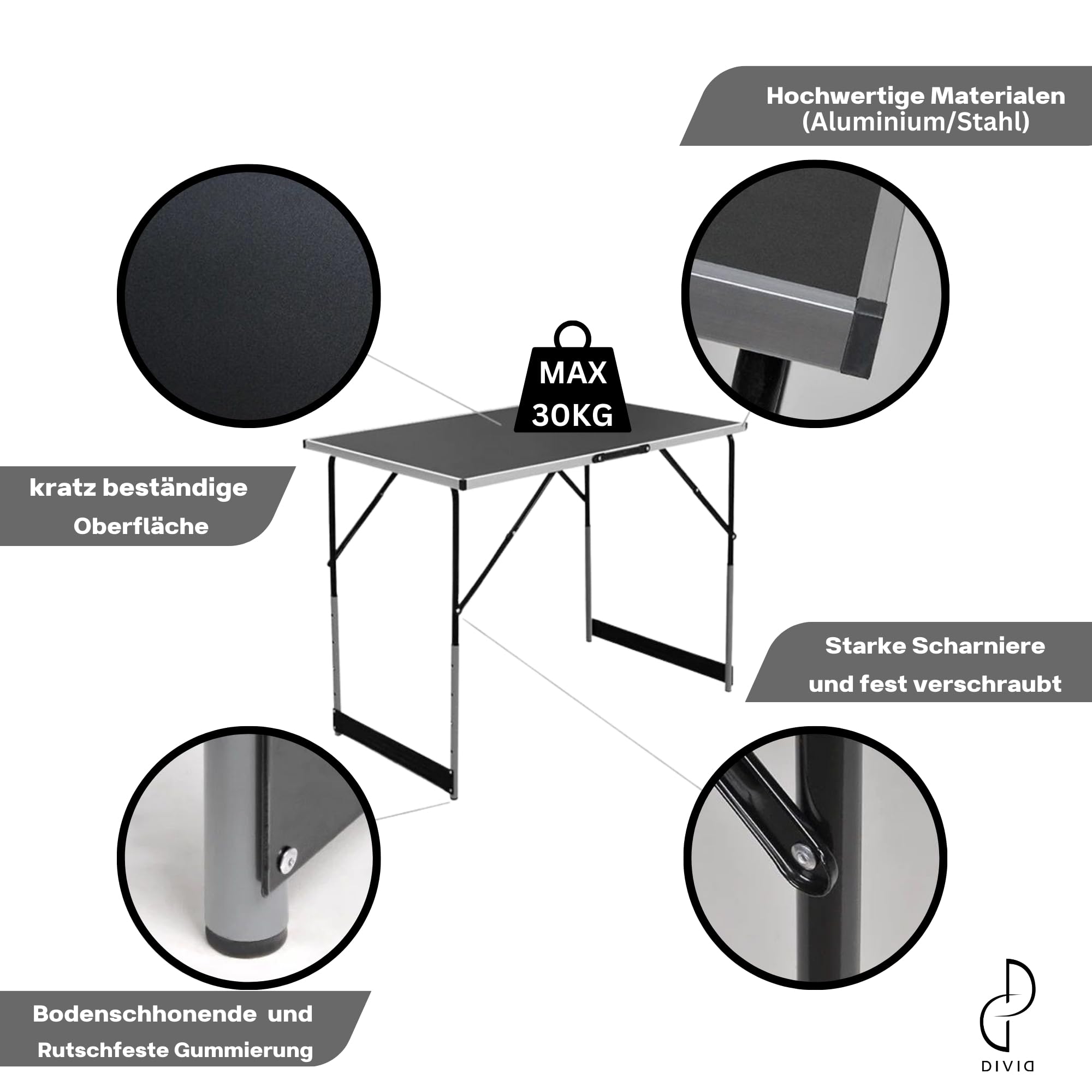 DIVID® Multifunktionstische 3-Teiliges Set, 100x60cm, Tapeziertisch 30 kg Tragkraft je Tisch, Klapptisch, Campingtisch, Flohmarkttisch, Beistelltisch, Mehrzwecktisch, Höhenverstellbar, Mahlertisch