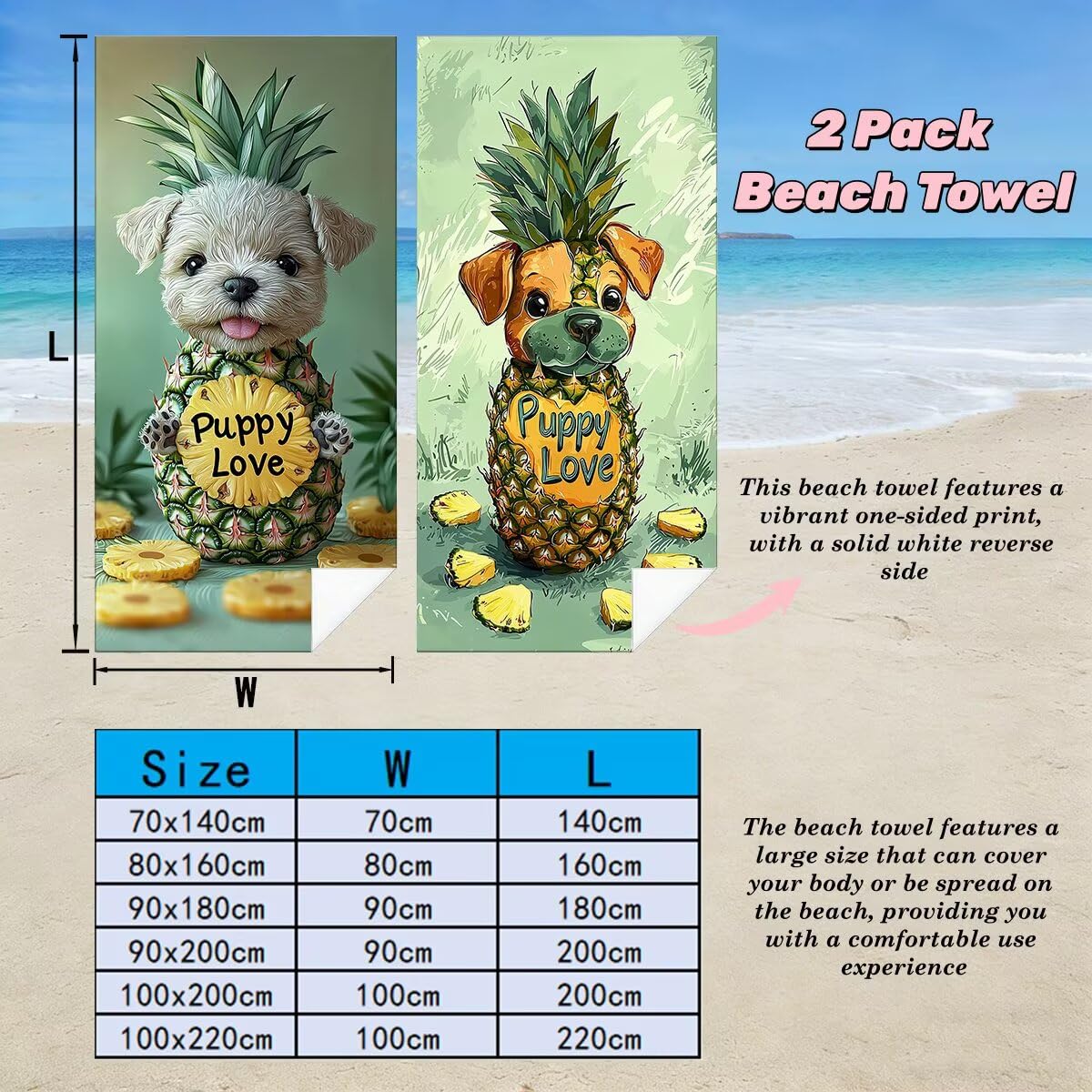 Telo Mare Grande 100x200 cm 2 Pezzi, Antisabbia Telo Mare Microfibra Cane, Asciugatura Rapida Asciugamano Microfibra, Asciugamani Palestra Donna Uomo, Teli Doccia Accessori Viaggio per Spiaggia -5048