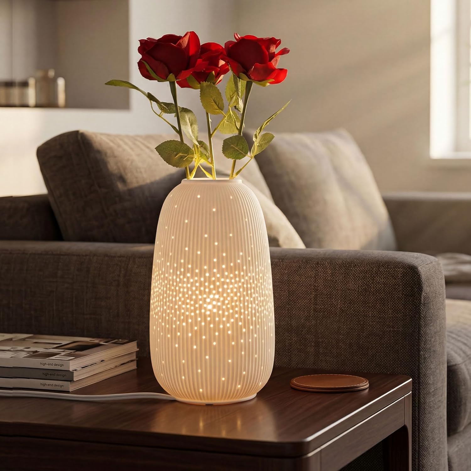 TACAHE Ceramic Vase Table Lamp, 2700K Bulb & 3 Artificial Flowers Included, E12 Socket, Inline Switch, Handmade Openwork Craft, Ambient Light for Living Room Bedroom - Starry 9.3"