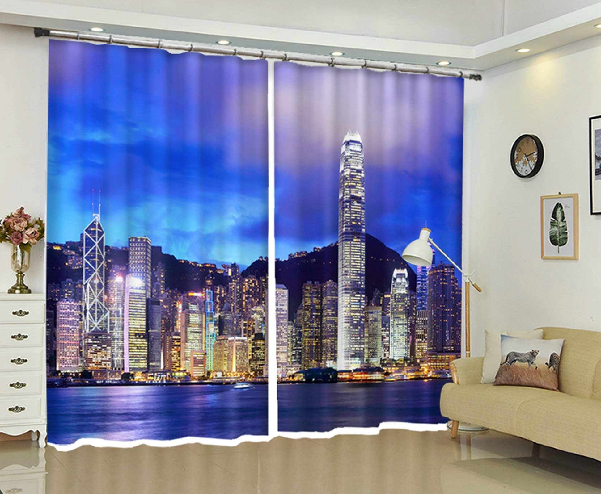 Zasłony zaciemniające, Hong Kong Victoria Harbour nocny widok zasłony zaciemniające sypialnia, ochrona prywatności poliester, zestaw 2 paneli zaciemniająca zasłona do salonu sypialni rozmiar: 274 x 244 cm