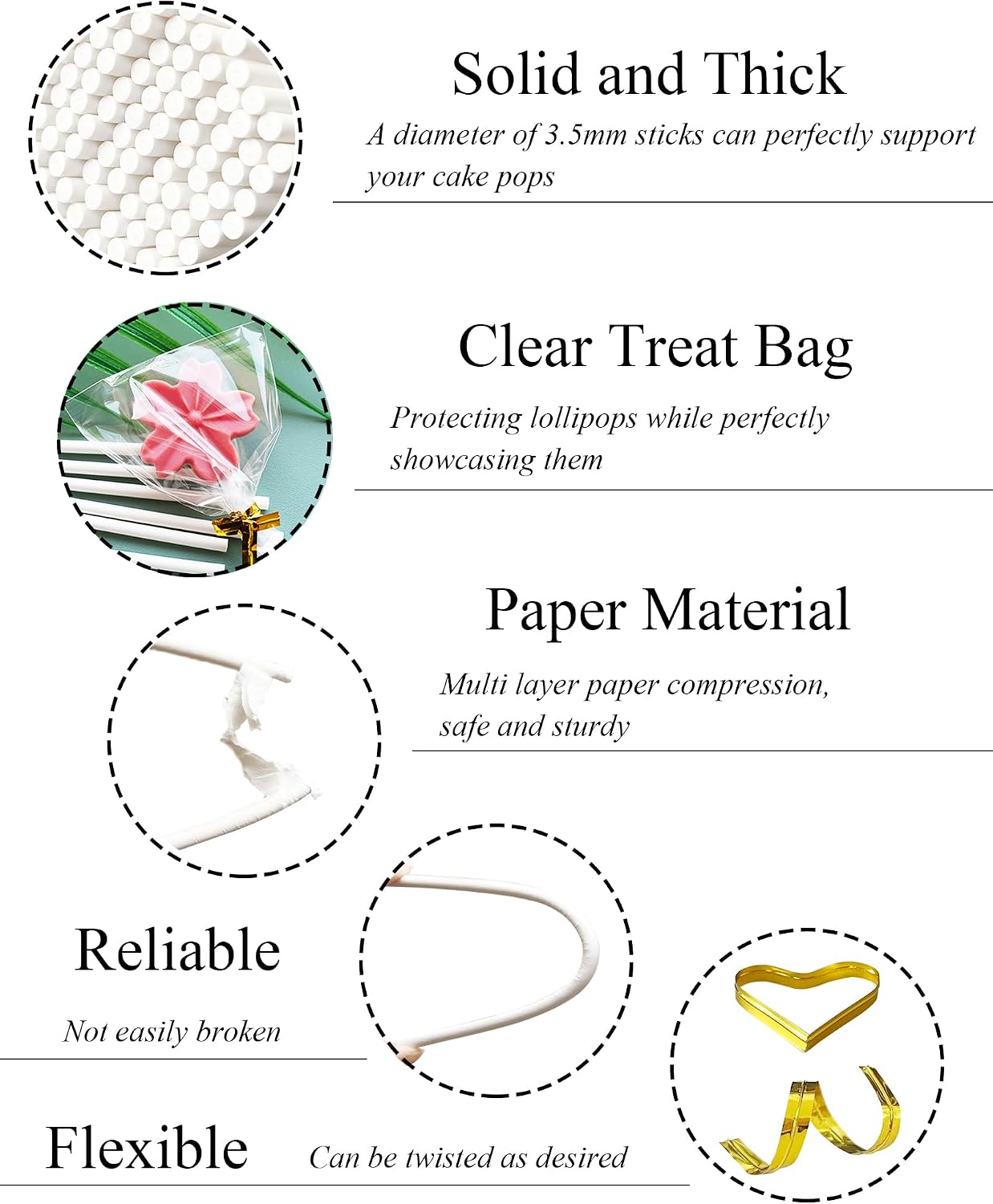 300Pcs Cake Pop Sticks and Wrappers, 6-inch 3.5mm Thick Paper Lollipop Sticks, CHELIZIYA Cakepop Packing Kit for Candy, Chocolate with 100 Sticks, 100 Traet Bags, 100 Twist Ties (Gold Ties)
