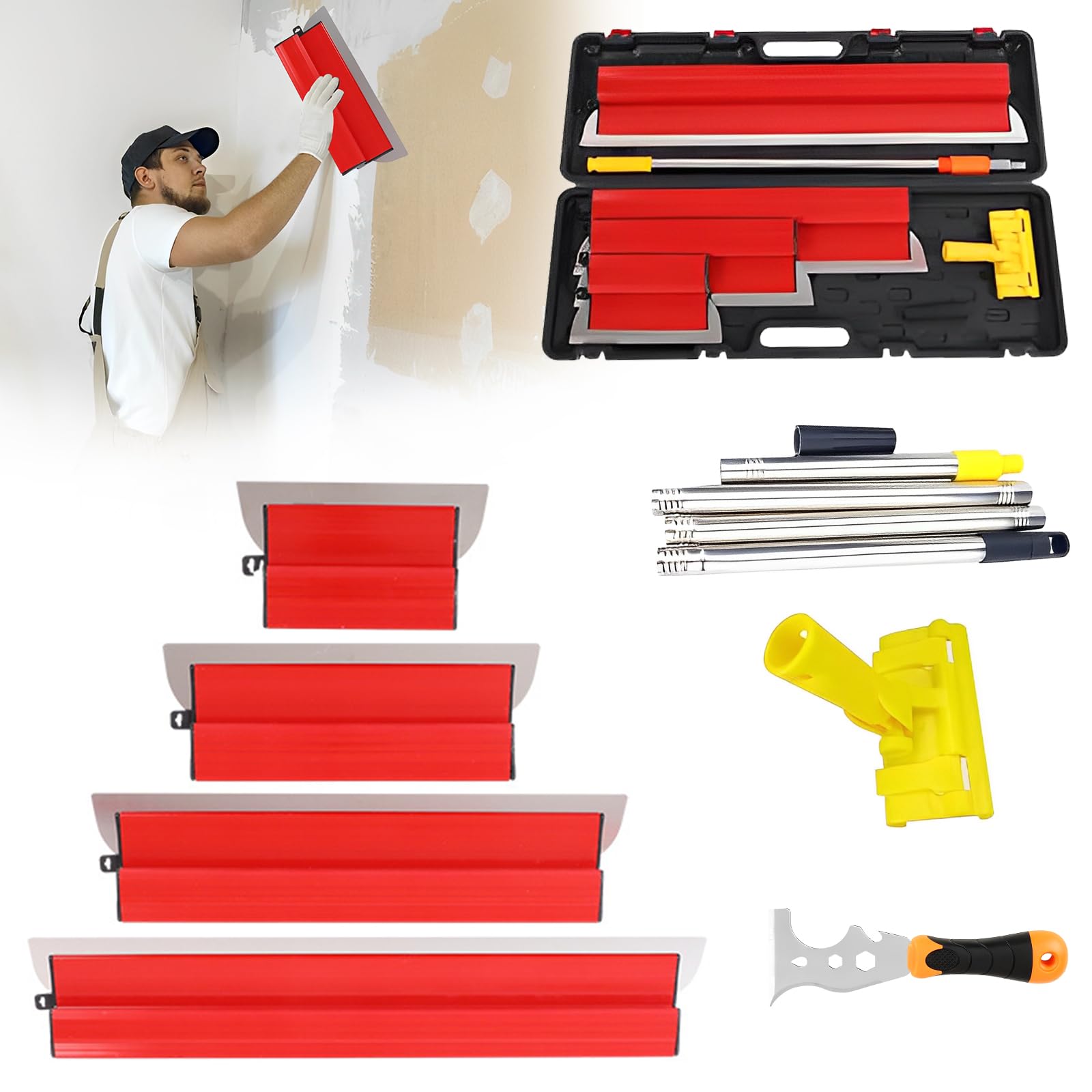 Flächenspachtel Set,Profi Flächenspachtelset Koffer,Multifunktionsspachtel | 9 Arten Spachtel Werkzeug, Spachtel Werkzeug (25cm,40cm,60cm,80cm), Teleskopstange Zum Verputzen von Wänden und Decken