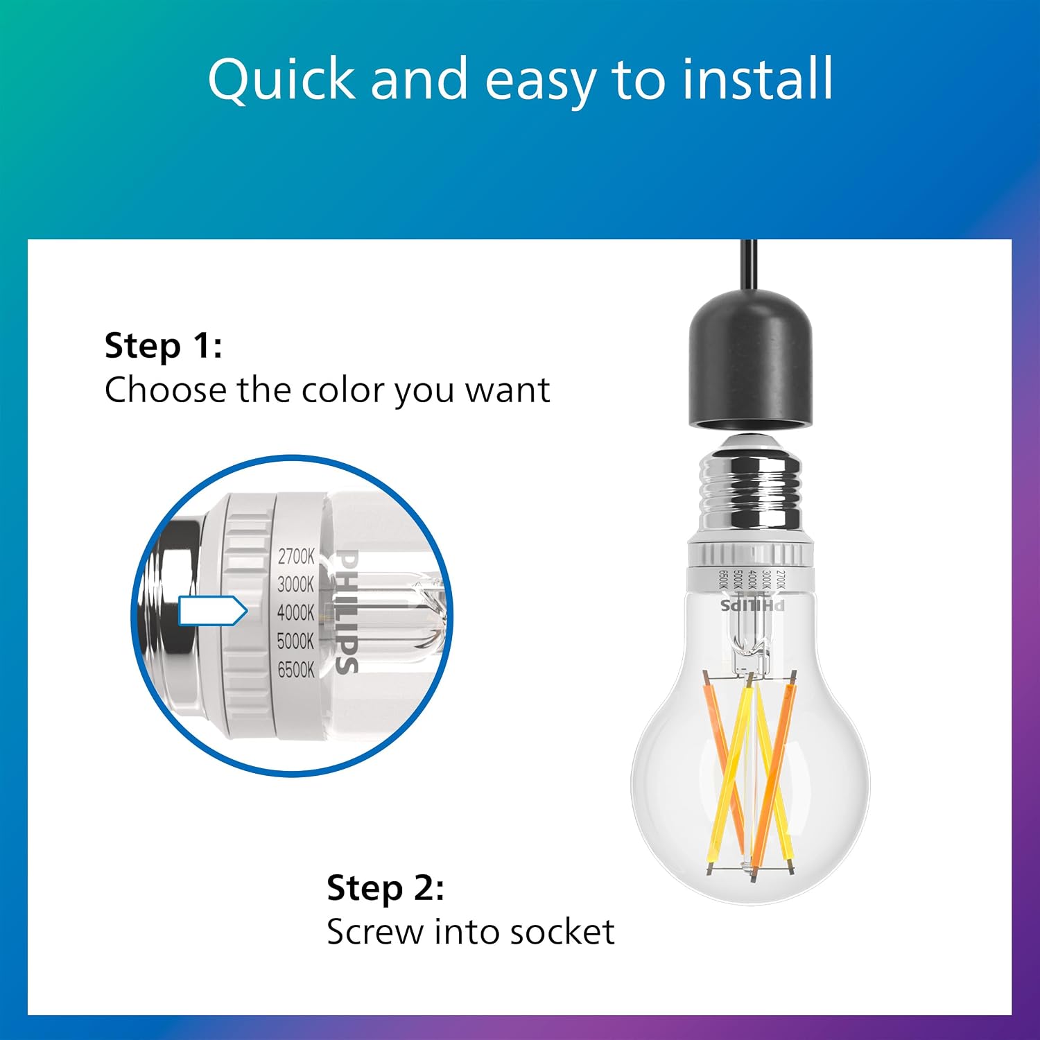 Philips LED Selectable White LED Bulbs 4-Pack, 11 W, A21, 5CCT, Dimmable, EyeComfort, Easy to Use, T20, Clear Glass, E26