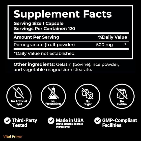 Vital Prime Pomegranate Extract Capsules 500MG per Capsule 120 Count | 4 Month Supply | Pomegranate Pills Non-GMO for Women and Men