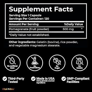 Vital Prime Pomegranate Extract Capsules 500MG per Capsule 120 Count | 4 Month Supply | Pomegranate Pills Non-GMO for Women and Men