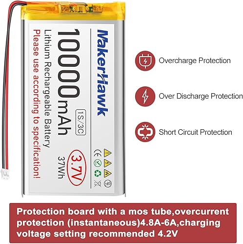 Miniatura 6 de MakerHawk Batería LiPo de 3.7V 10000mAh recargable 1S 3C Baterías de polímero de litio con placa de protección cinta de goma aislada, enchufe PH2.0