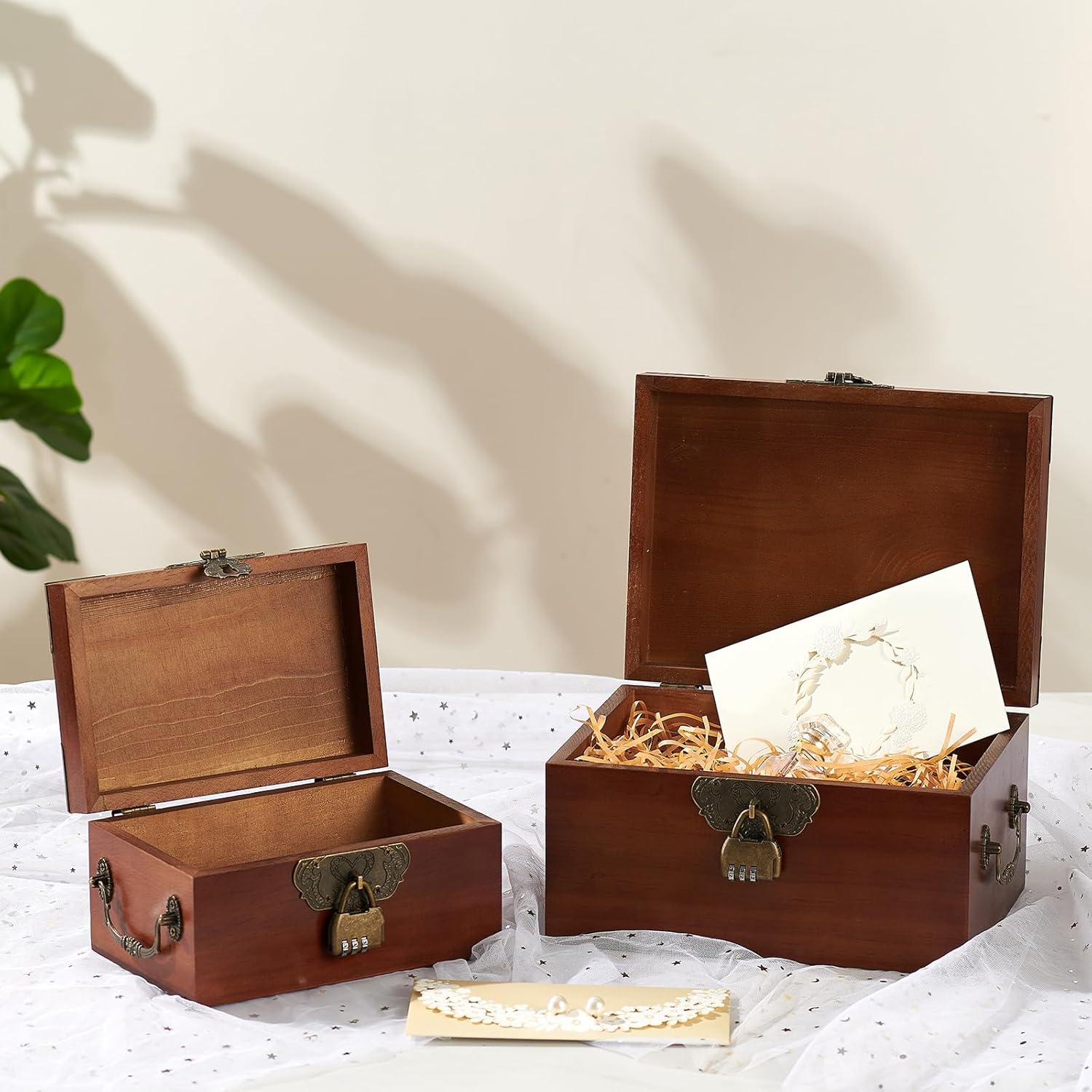 2PCS Decorative Wooden Storage Box with Lids Handmade Memory Box for keepsakes Treasure Chest Box with lock Vintage Wood Baskets Metal Handle Jewelry Desk Organizer Container, Walnut