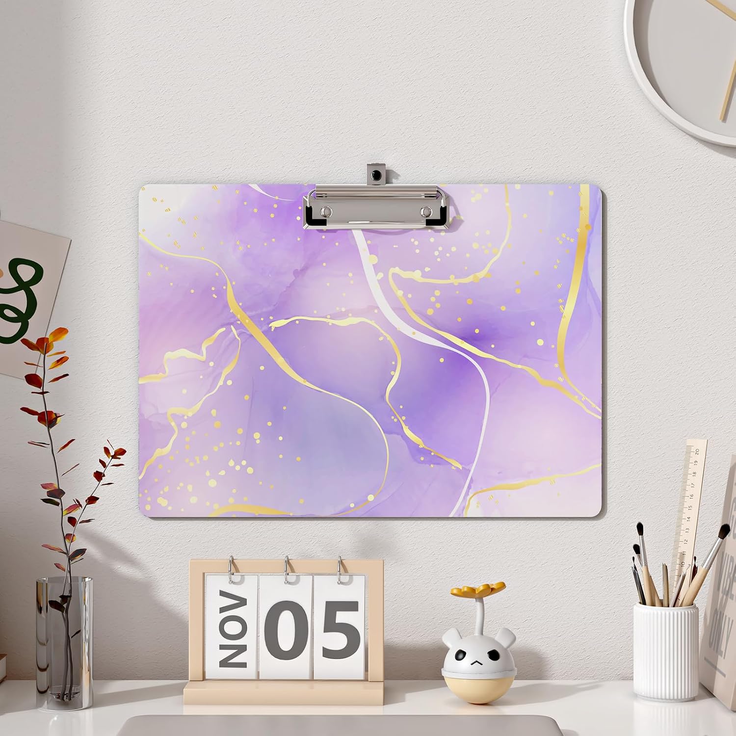 Clipboard Landscape Wooden with Designs A4 Letter Standard Size 9" x 12.5" Cute Horizontal Clipboards with Low Profile Clip for Drawing Office Supplies(Purple Marble) image 2