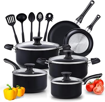 Cook N Home Basics Pots and Pans Cooking, 15-Piece Nonstick Cookware Set, Black