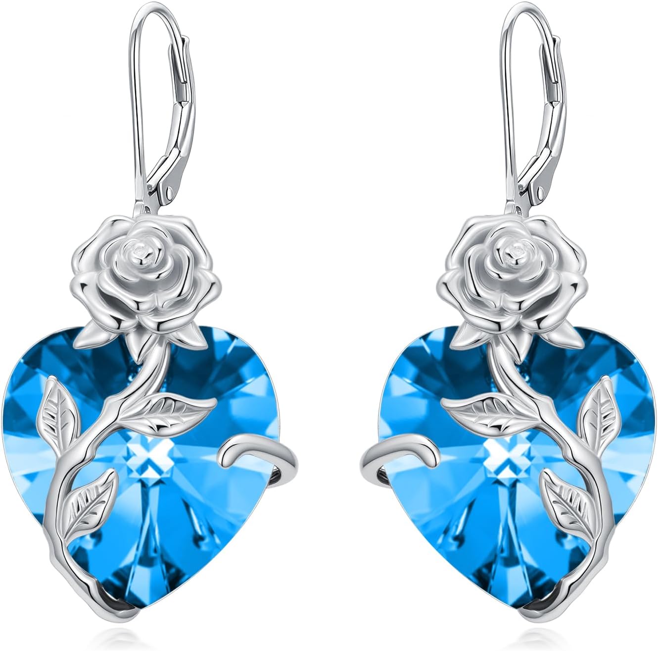 OCJ Birthstone Earrings for Women 925 Sterling Silver Rose Flower Leverback Earrings Heart Birthstone Dangle Drop Jewelry Anniversary Birthday Christmas Gifts for Women Her Wife Girlfriend