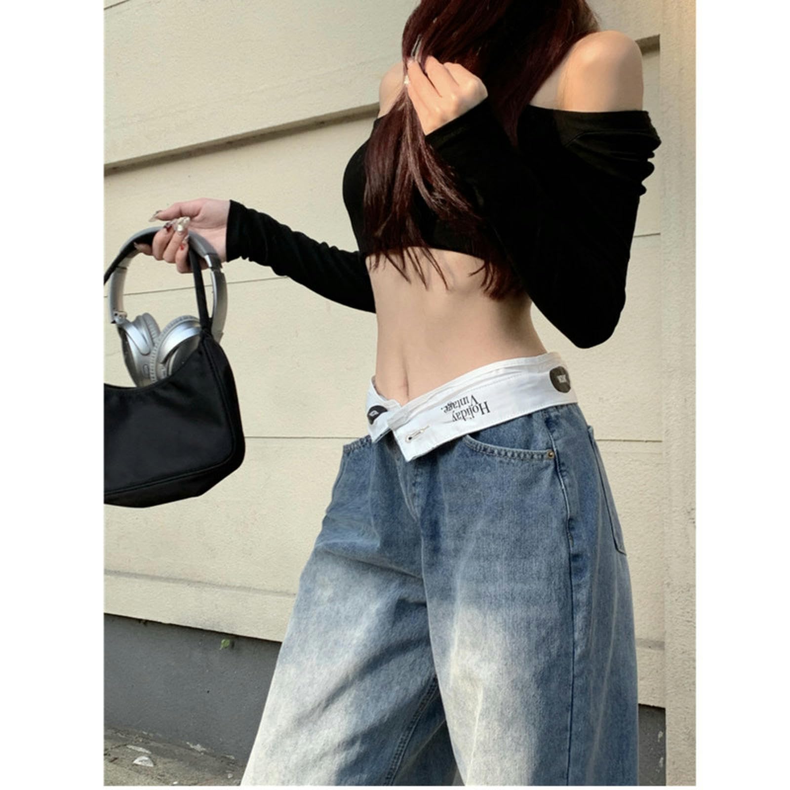 MdybF Dżinsy damskie dżinsy damskie z wysokim stanem odzież damska denim moda uliczna proste nogawki dżinsy ubrania spodnie