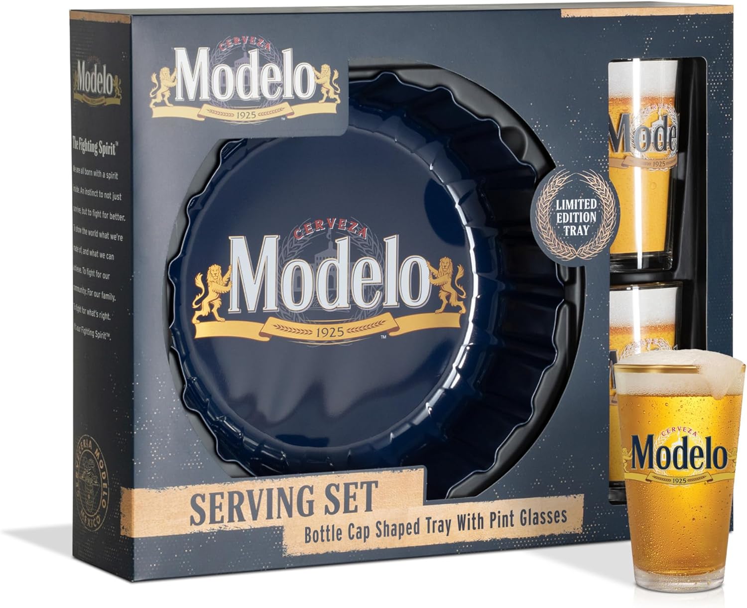 Modelo Beer Serving Set with Bottle Cap Shaped Tray and Pint Glasses