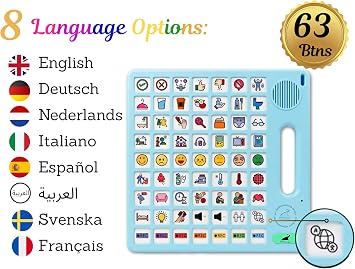 8 Languages AAC Device for Autism, 63 Buttons, Communication Board for None Verbal, Stroke Survivors Speech Support, TBI, Talking aid Tool for Delayed Speech terapy, Ajustable Lanyard.