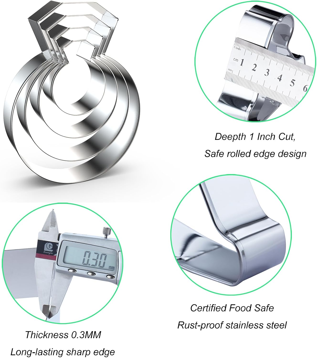 Diamond Engagement Wedding Ring Cookie Cutter Set for Baking, 5/4/3/2 inch, 4 Piece, Stainless Steel