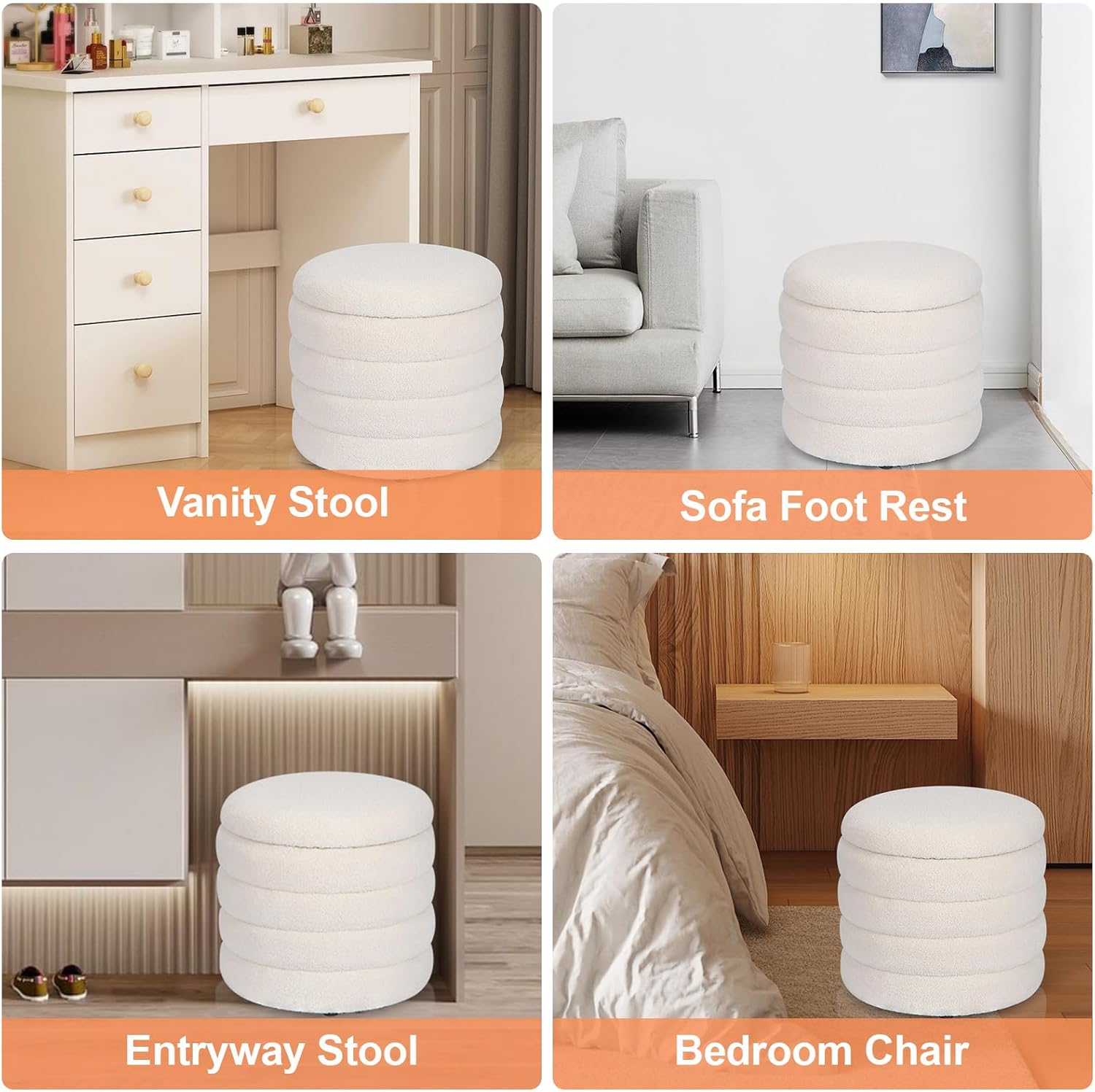 Teddy Sherpa Round Ottoman with Storage, Modern Upholstered Vanity Stool Foot Rest, Small White Boucle Storage Ottoman for Bedroom, Living Room, Entryway, Dorm