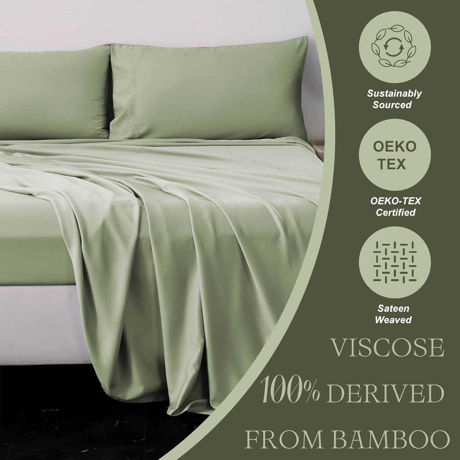 Viviland Cooling Queen Sheets, Bamboo Viscose with Elastic Corner Straps, Sage Green Cold Siky Sheet & Pillowcase Sets for Hot Sleepers