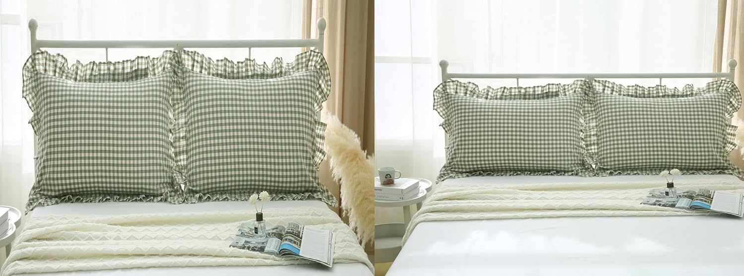Sage Green White Plaid Ruffles Queen Size Pillow Shams 30"X20"1Pair and Square Shams 18"X18" 1 Pair