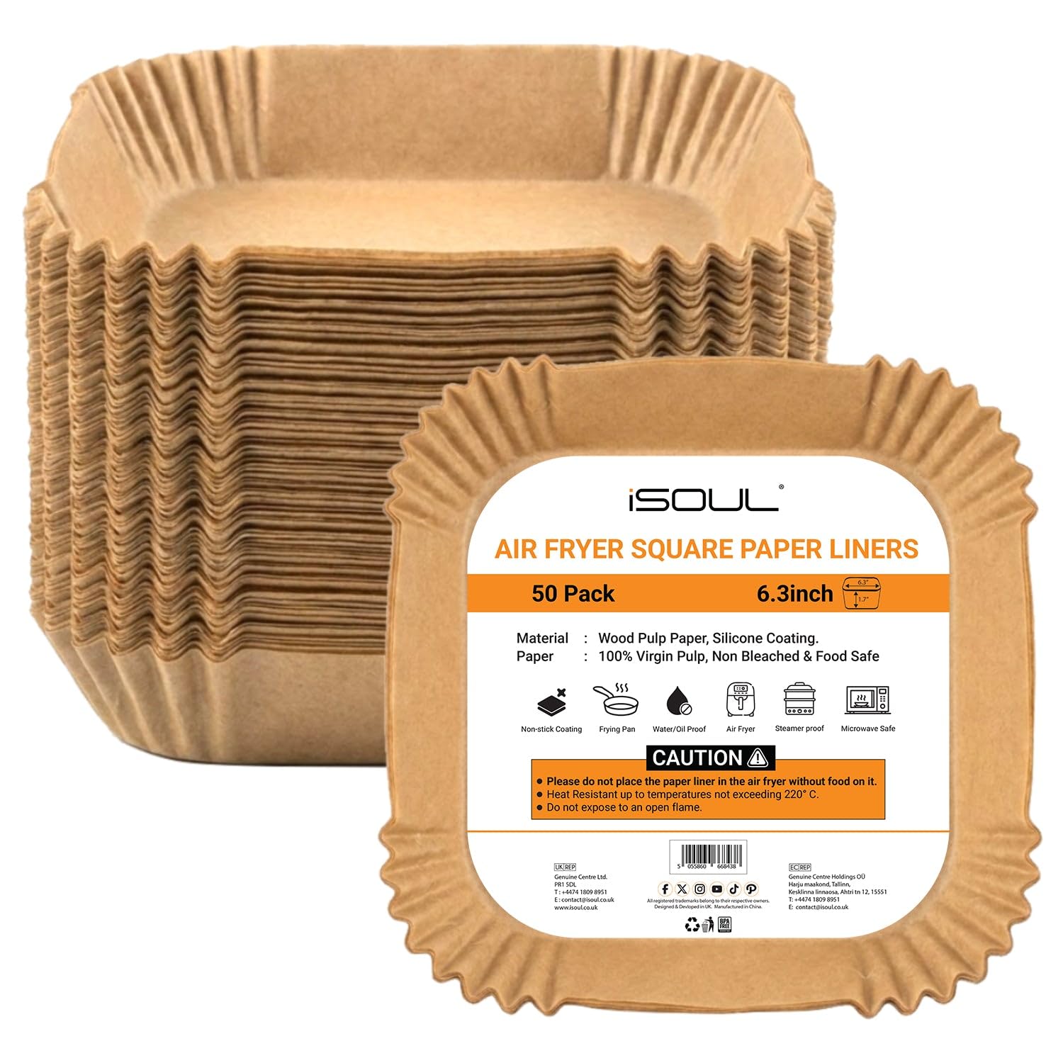 iSOUL Air Fryer Liners, 6.3 inch Square Air Fryer Disposable Paper Liners, Non-Stick Baking Paper for Air Fryer, Food Grade Parchment Compatible with COSORI, Ninja, Tower Air Fryer 50 Pack