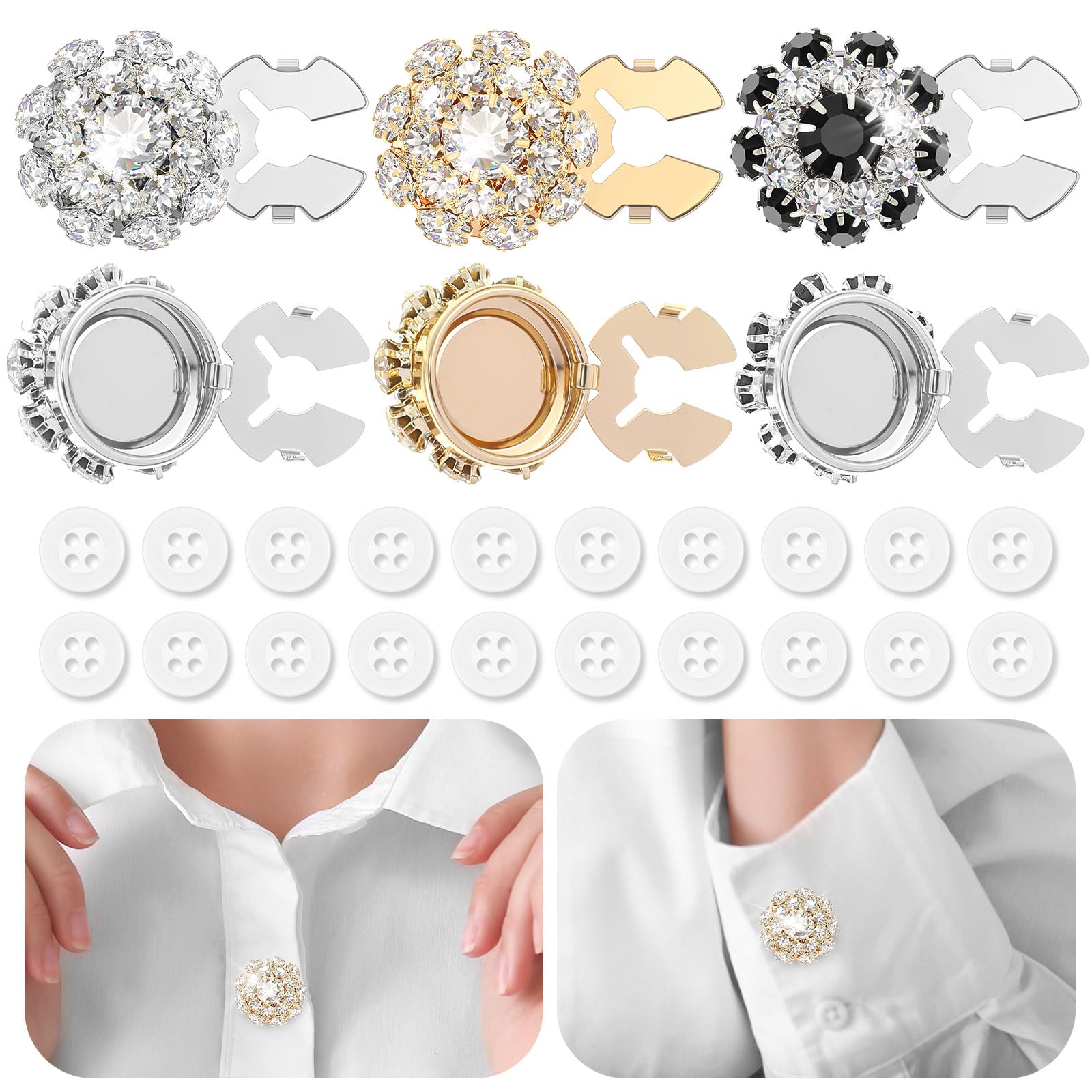6 Sets Button Covers, Rhinestone Multicolor, Crystal Flower Clip on