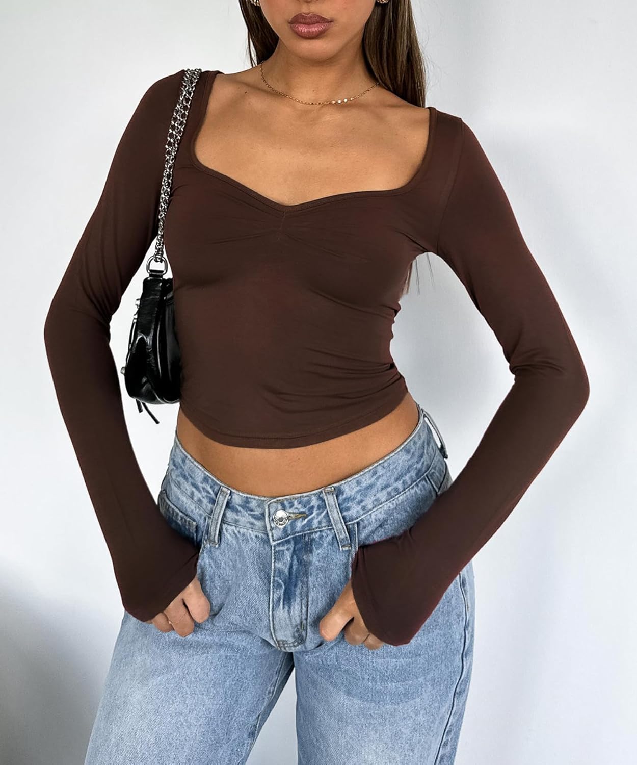 Women's Long Sleeve Going Out Crop Top Sexy Pleated Trendy Shirt Sweetheart Neck Y2K Ruched Cropped Tops - Image 5