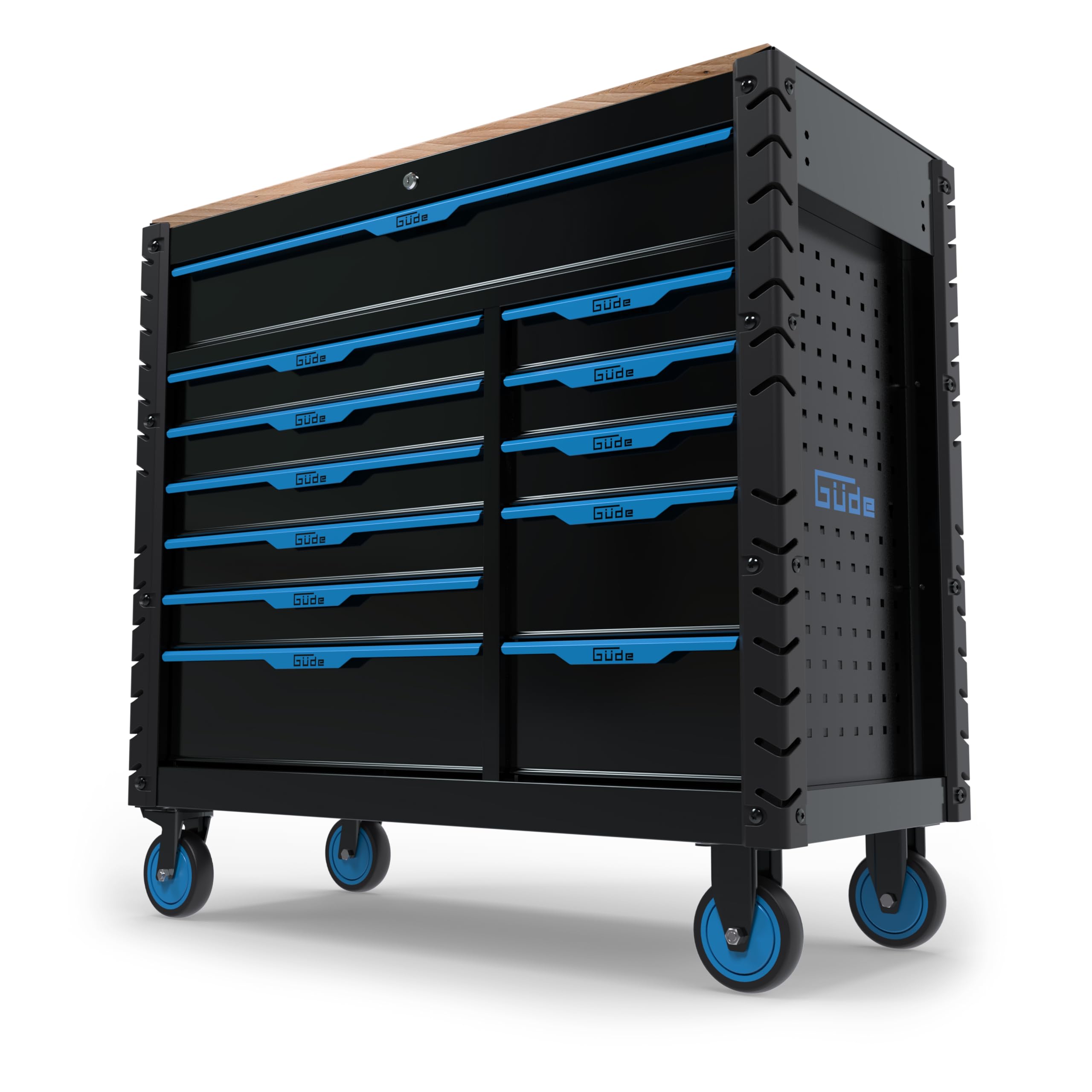Güde GW 12S Mobile Werkbank - pulverbeschichtete Stahlkonstruktion, 400 kg Traglast, 12 kugelgelagerte Softclose-Schubladen, Arbeitsplatte aus Gummibaumholz, seitliche Lochwände, Zentralverriegelung