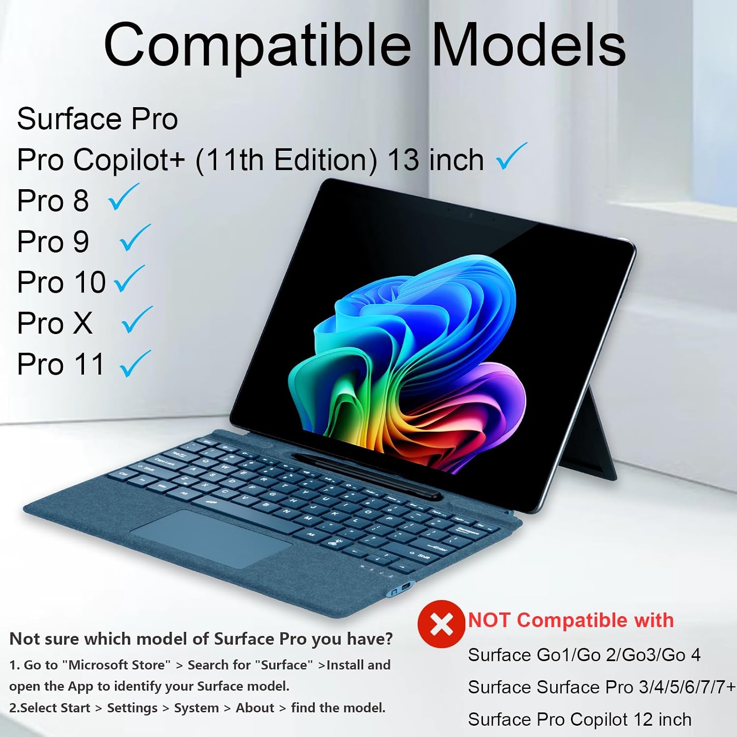 mobee Type Cover for Microsoft Surface Pro 13 inch, Compatible with Surface Pro 11/10 / 9/8 / X, Slim Keyboard with Trackpad Mouse, Backlit & Pen Holder (Blue)