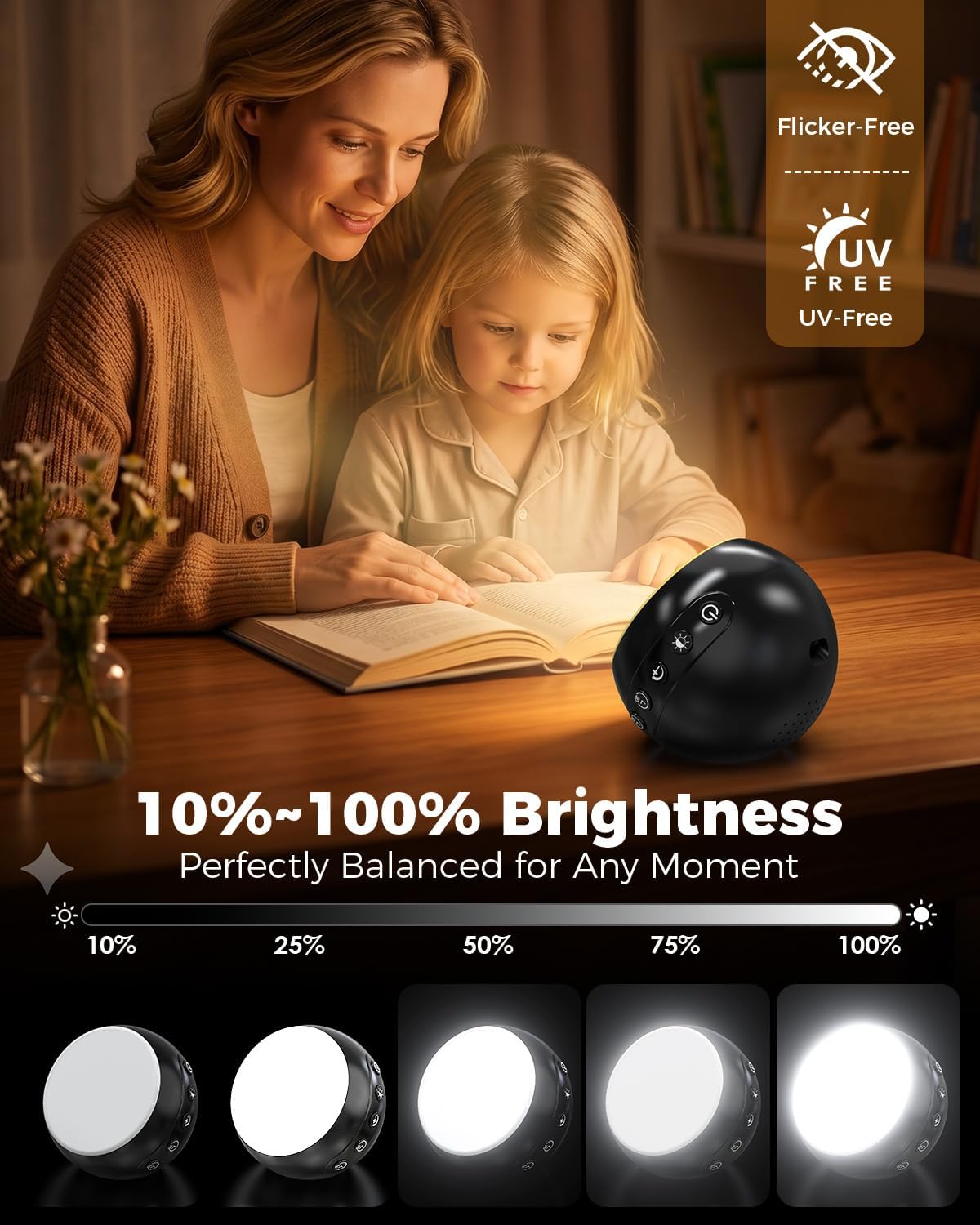 Wireless Light Therapy Lamp, 10000 Lux UV-Free Full-Spectrum Sun Lamp, 3 Color Temperatures, 5 Brightness, Timer, Rechargeable for Home Office Travel