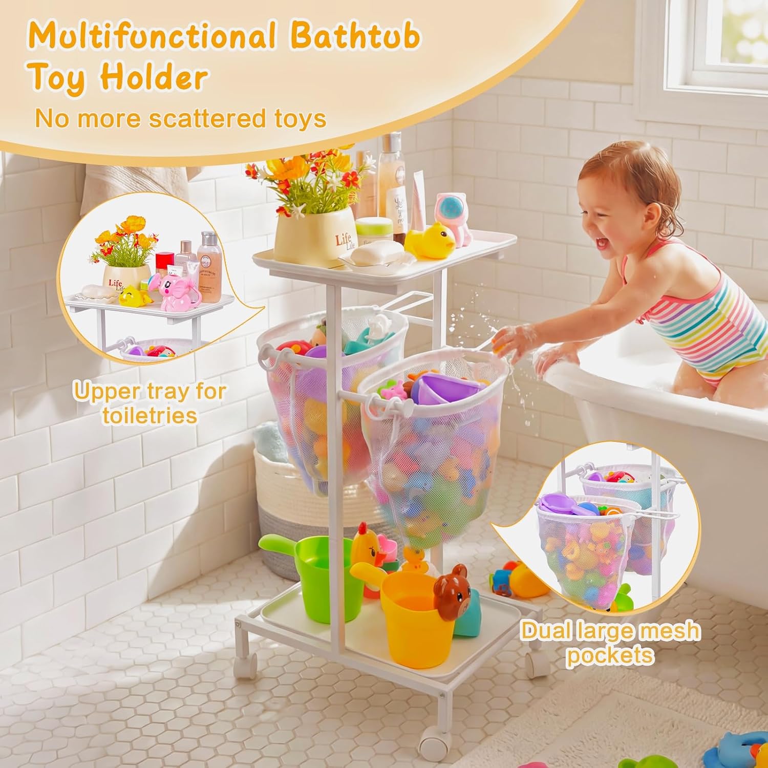 Bath Toy Storage Holder, Quick Drying Bathtub Toy Organizer with 2 Hanging Mesh Net and Shower Caddy, Large Bath Tub Toy Bin Easy Access, Freestanding Bathroom Toys Basket Cart for Toddler