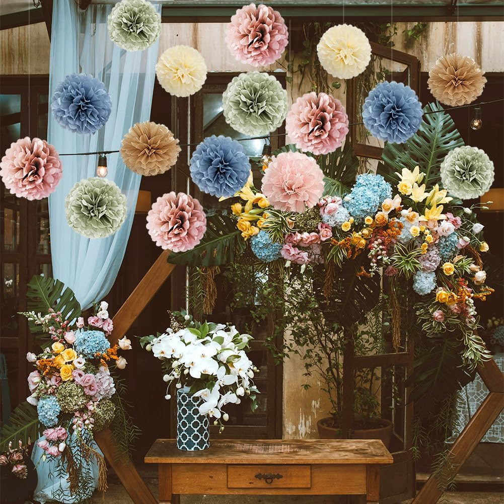 16pcs Retro Boho Tissue Paper Pom Poms Dusty Rose Blue Sage Green Brown Paper Flowers Rustic Sage Green Dusty Blue Pink Party Decorations for Vintage Bridal Shower Baby Shower Wedding Birthday