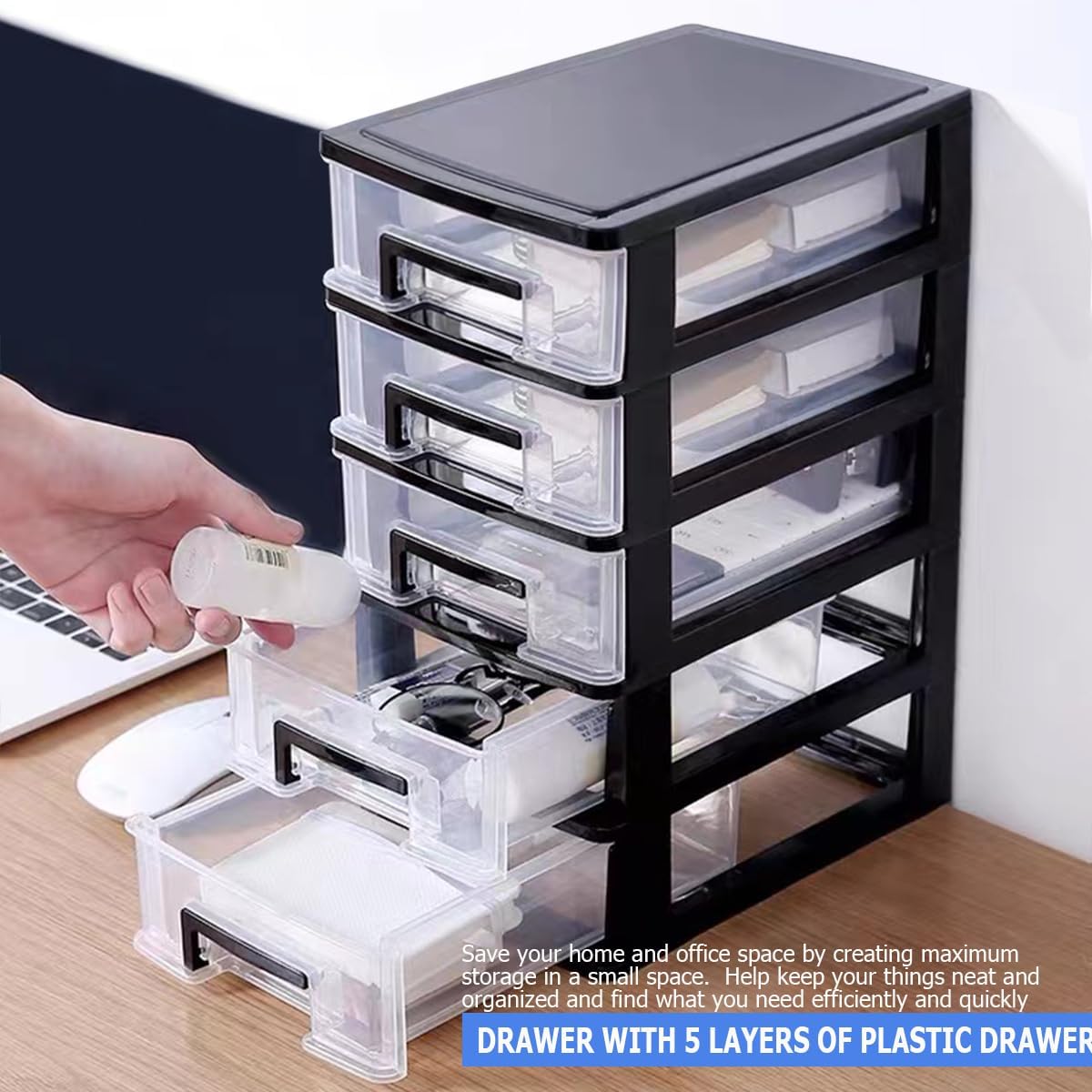 Plastic Desk Organizer,Desk Storage Box with 5 Drawers,Cosmetics Jewelry Storage Box Multifunction Storage Rack for Office School Home (Black &Transparent)