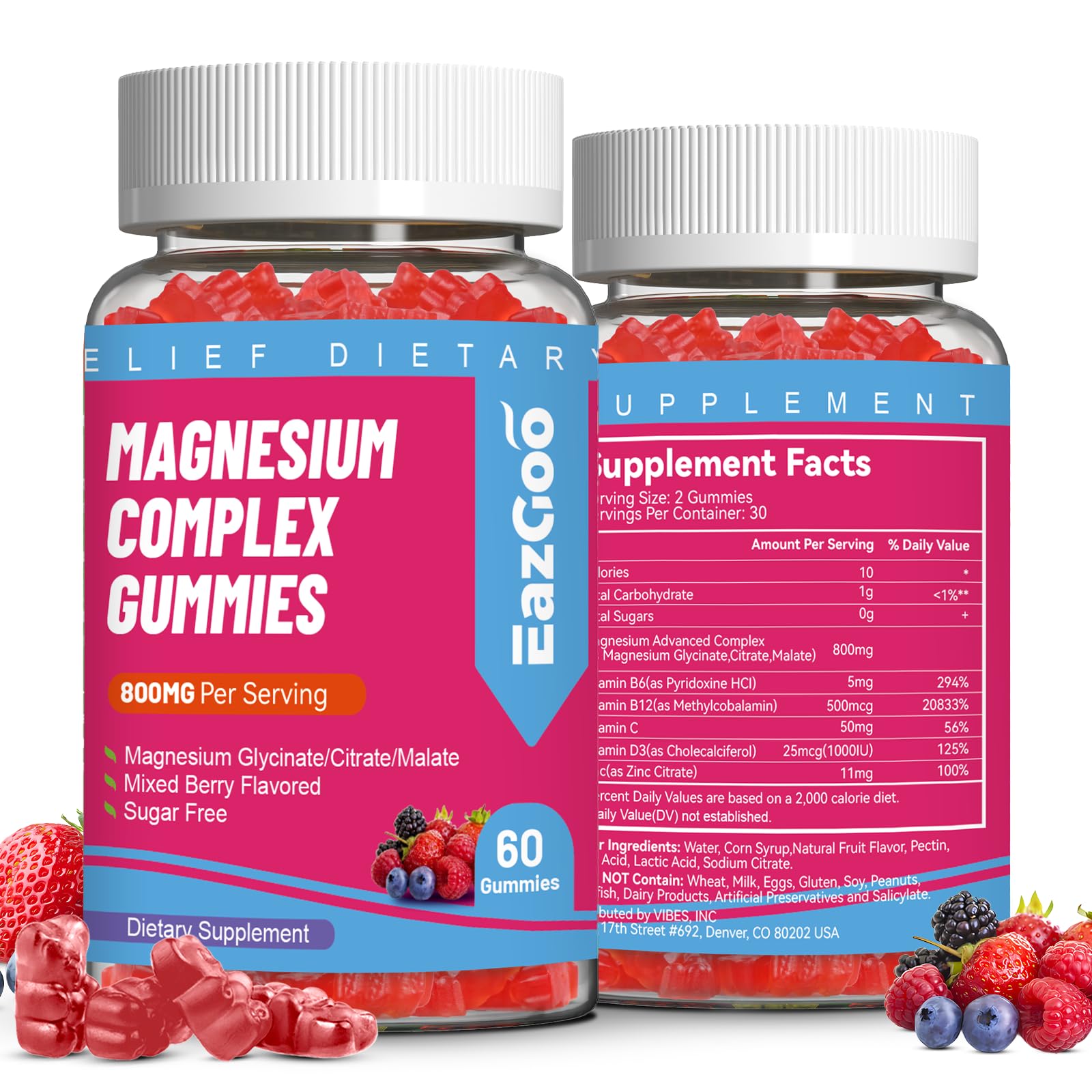 Magnesium Gummies 800mg for Women Men with Vitamin D3, C, B6, B12 & Zinc 60 Count (Pack of 2)