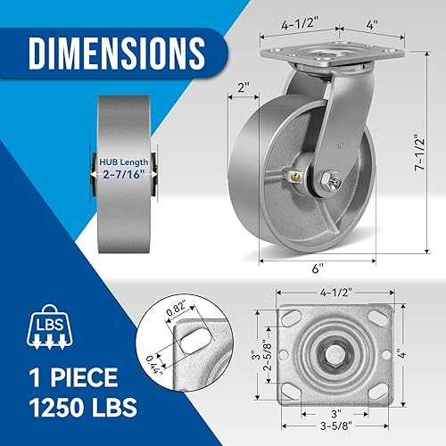 Miniatura 2 de 6X2 Rueda giratoria de acero de hierro fundido resistente - Ruedas giratorias industriales, juego de 1 con capacidad de hasta 1250 LB - Uso amplio