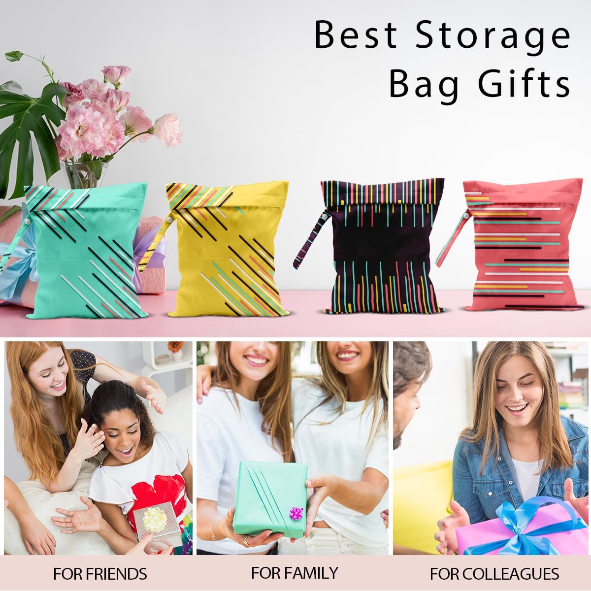 Wet Bag, 4Pcs Wet Dry Bag Set, Reusable Waterproof Bags with Multi-Color Diagonal Line & Vertical Line Prints for Women, Ideal for Beach, Pool & Travel
