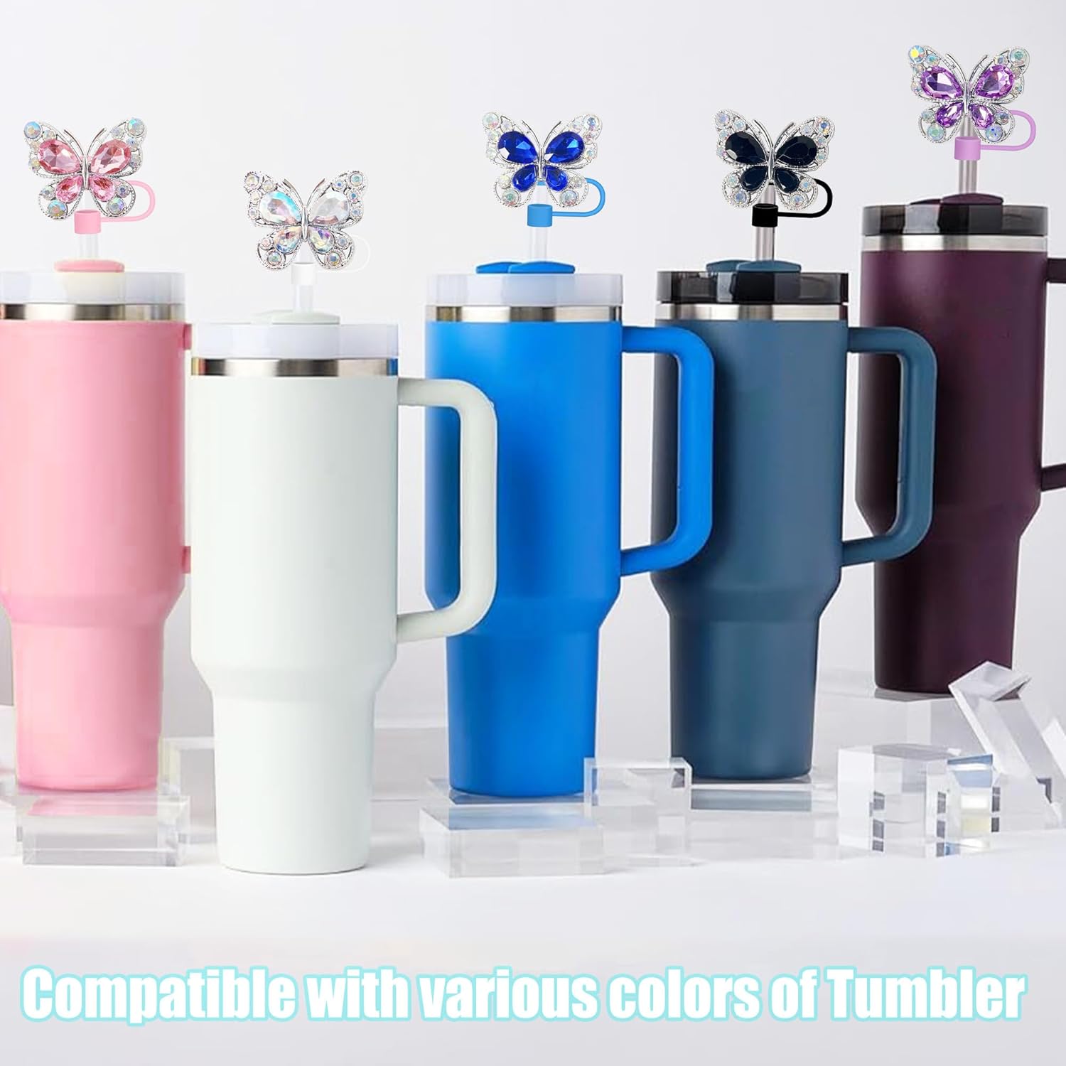 6Pcs Shiny Straw Toppers, Colorful Diamond Butterfly Straw Covers Cap Compatible with Stanley Cups 30&40 Oz Tumbler with Handle, 10mm/4inches Reusable Silicone Bling Stanley Cup Accessories - Image 6